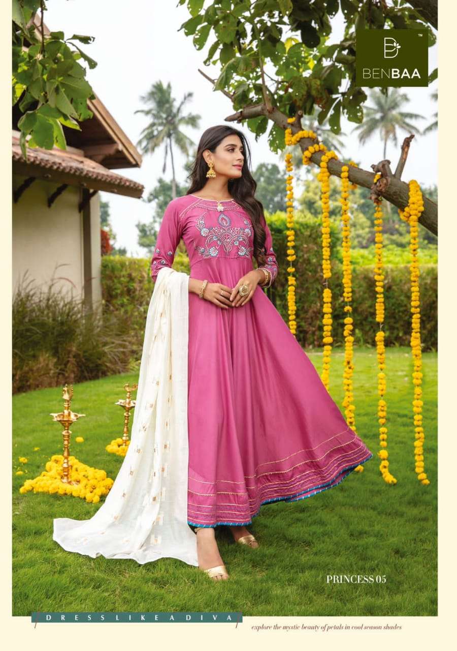 PRINCESS BY BENBAA 01 TO 06 SERIES BEAUTIFUL STYLISH FANCY COLORFUL CASUAL WEAR & ETHNIC WEAR HEAVY SILK EMBROIDERED GOWNS WITH DUPATTA AT WHOLESALE PRICE