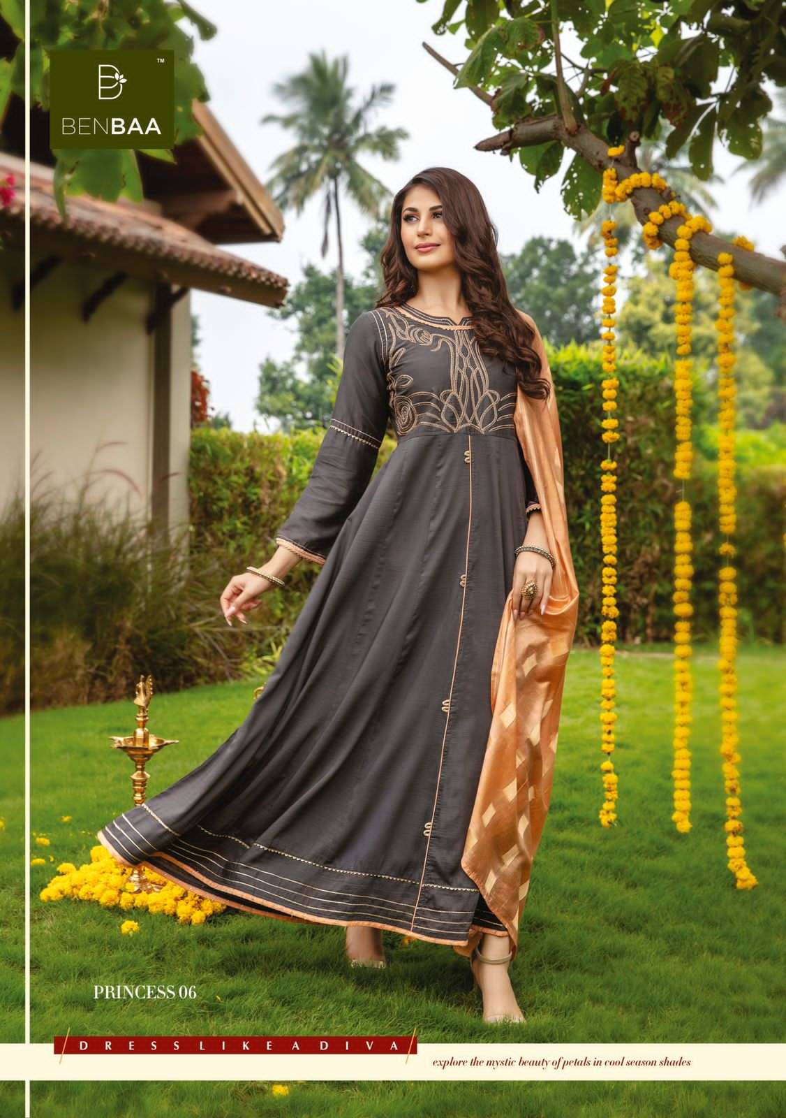 PRINCESS BY BENBAA 01 TO 06 SERIES BEAUTIFUL STYLISH FANCY COLORFUL CASUAL WEAR & ETHNIC WEAR HEAVY SILK EMBROIDERED GOWNS WITH DUPATTA AT WHOLESALE PRICE