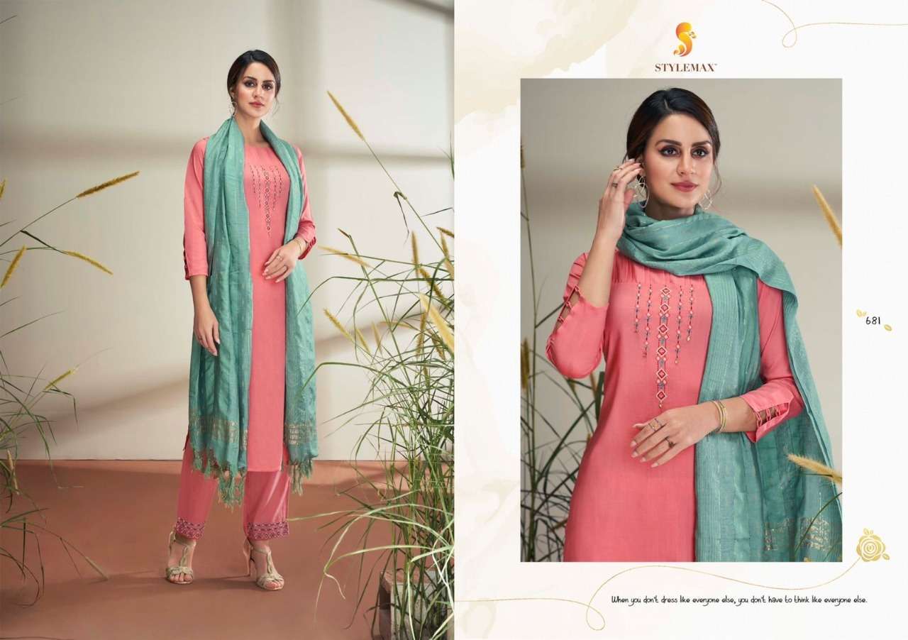 SAYRA BY STYLEMAX 681 TO 688 SERIES BEAUTIFUL SUITS COLORFUL STYLISH FANCY CASUAL WEAR & ETHNIC WEAR PURE CHINNON SILK DRESSES AT WHOLESALE PRICE