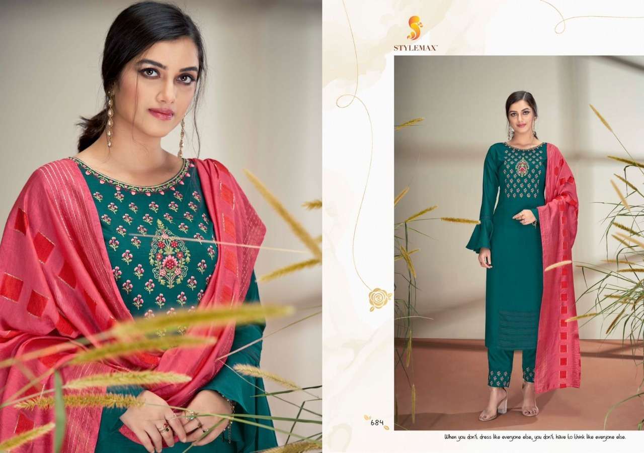SAYRA BY STYLEMAX 681 TO 688 SERIES BEAUTIFUL SUITS COLORFUL STYLISH FANCY CASUAL WEAR & ETHNIC WEAR PURE CHINNON SILK DRESSES AT WHOLESALE PRICE