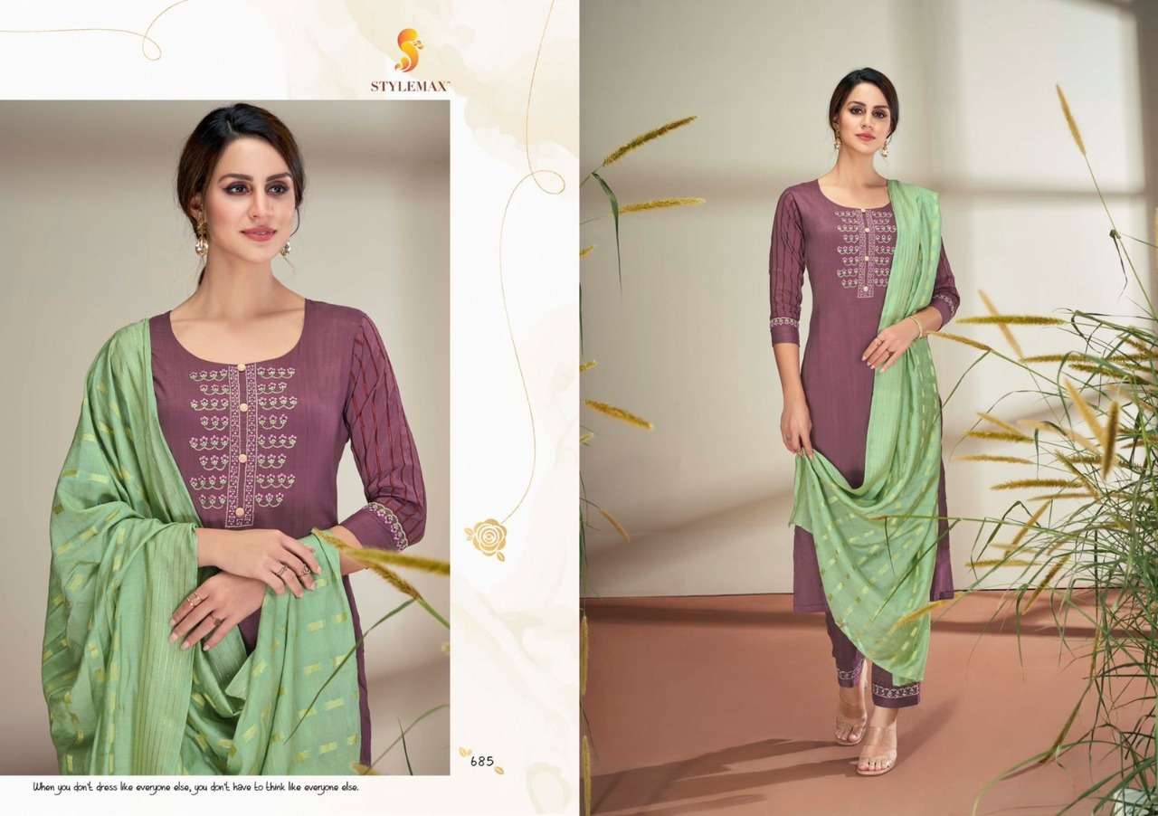 SAYRA BY STYLEMAX 681 TO 688 SERIES BEAUTIFUL SUITS COLORFUL STYLISH FANCY CASUAL WEAR & ETHNIC WEAR PURE CHINNON SILK DRESSES AT WHOLESALE PRICE