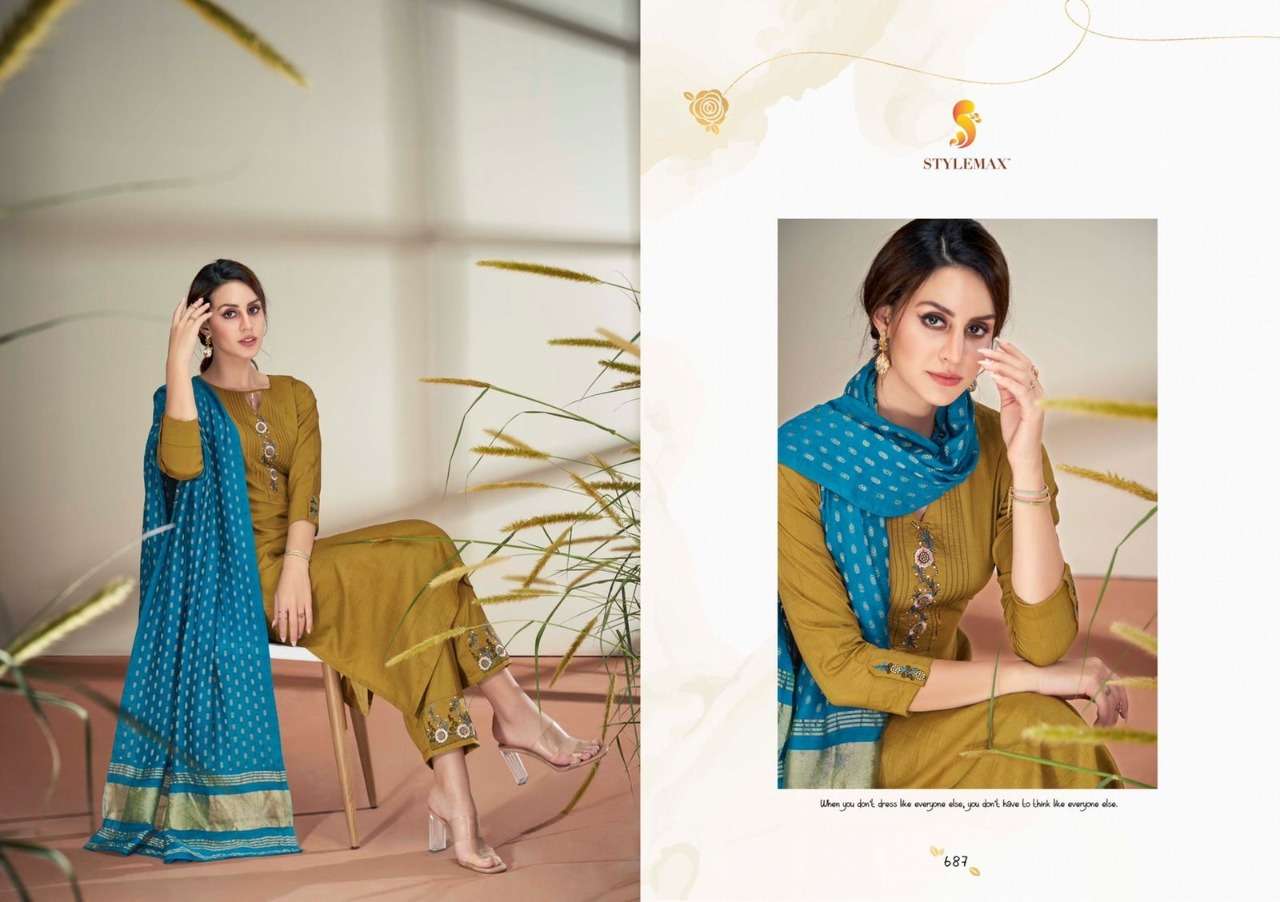 SAYRA BY STYLEMAX 681 TO 688 SERIES BEAUTIFUL SUITS COLORFUL STYLISH FANCY CASUAL WEAR & ETHNIC WEAR PURE CHINNON SILK DRESSES AT WHOLESALE PRICE