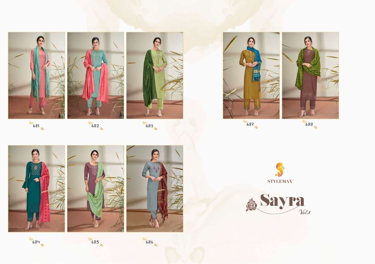 SAYRA BY STYLEMAX 681 TO 688 SERIES BEAUTIFUL SUITS COLORFUL STYLISH FANCY CASUAL WEAR & ETHNIC WEAR PURE CHINNON SILK DRESSES AT WHOLESALE PRICE