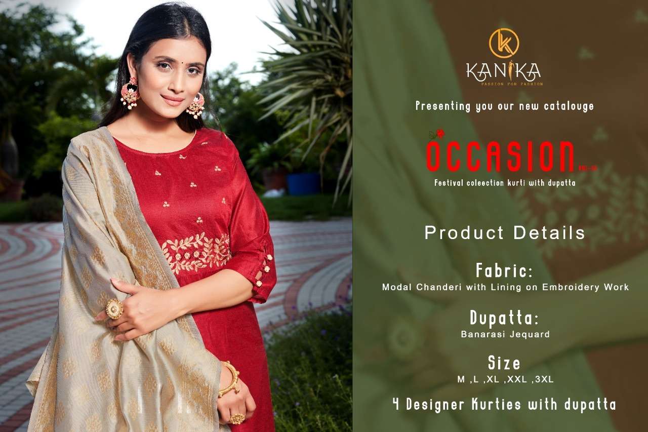 OCCASION BY KANIKA 1001 TO 1003 SERIES DESIGNER STYLISH FANCY COLORFUL BEAUTIFUL PARTY WEAR & ETHNIC WEAR COLLECTION MODAL CHANDERI KURTIS WITH DUPATTA AT WHOLESALE PRICE