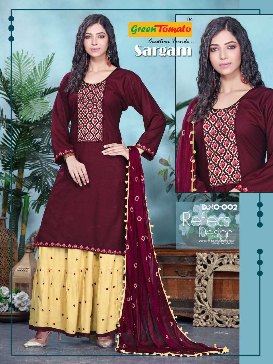 SARGAM BY GREEN TOMATO 001 TO 008 SERIES BEAUTIFUL SUITS COLORFUL STYLISH FANCY CASUAL WEAR & ETHNIC WEAR HEAVY RAYON EMBROIDERED DRESSES AT WHOLESALE PRICE