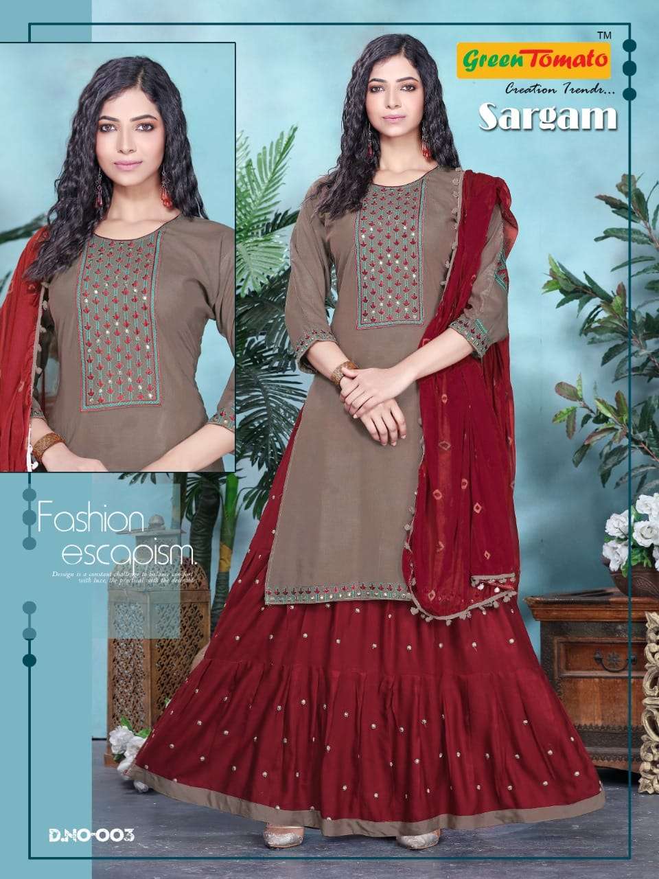 SARGAM BY GREEN TOMATO 001 TO 008 SERIES BEAUTIFUL SUITS COLORFUL STYLISH FANCY CASUAL WEAR & ETHNIC WEAR HEAVY RAYON EMBROIDERED DRESSES AT WHOLESALE PRICE