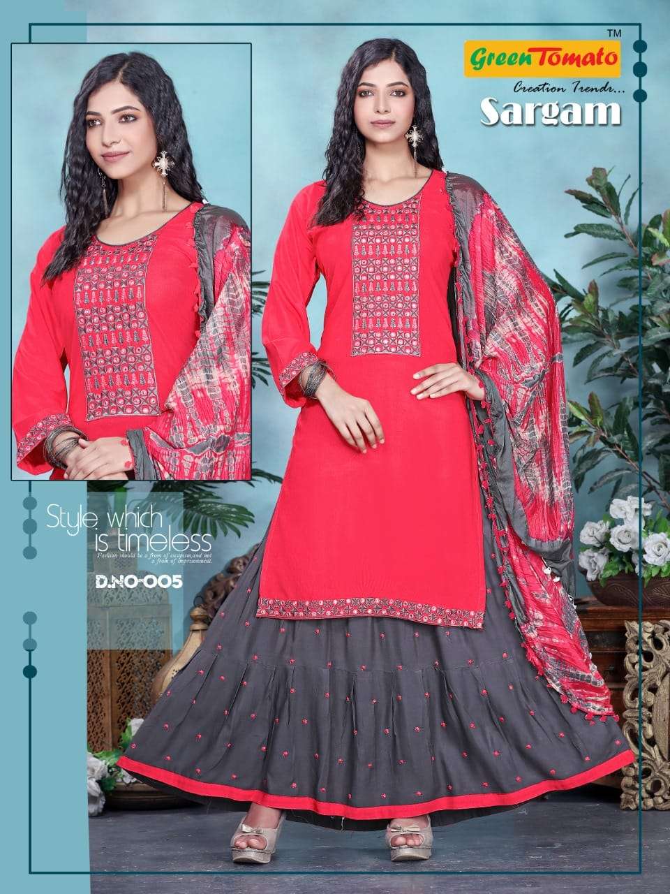 SARGAM BY GREEN TOMATO 001 TO 008 SERIES BEAUTIFUL SUITS COLORFUL STYLISH FANCY CASUAL WEAR & ETHNIC WEAR HEAVY RAYON EMBROIDERED DRESSES AT WHOLESALE PRICE