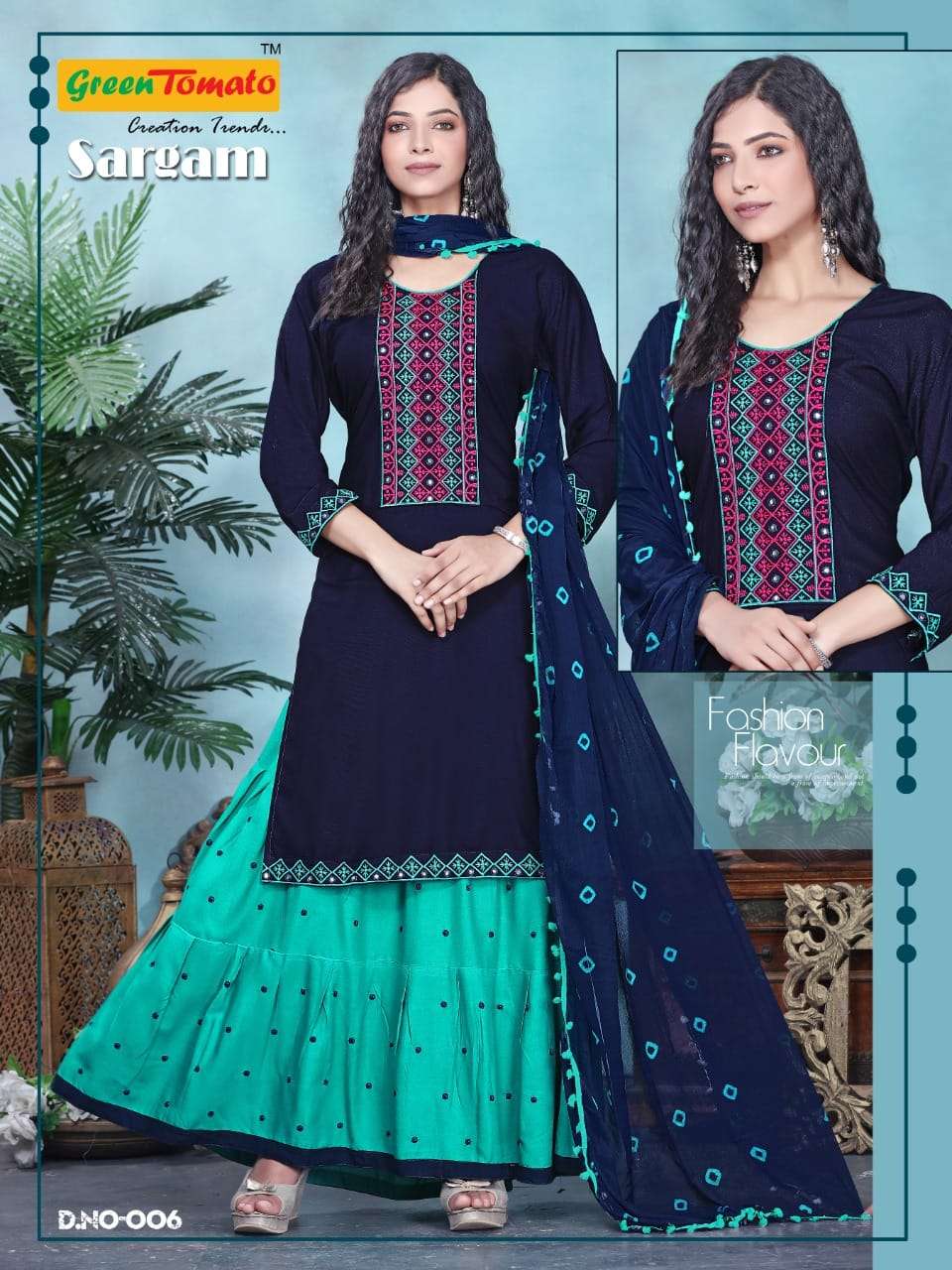 SARGAM BY GREEN TOMATO 001 TO 008 SERIES BEAUTIFUL SUITS COLORFUL STYLISH FANCY CASUAL WEAR & ETHNIC WEAR HEAVY RAYON EMBROIDERED DRESSES AT WHOLESALE PRICE