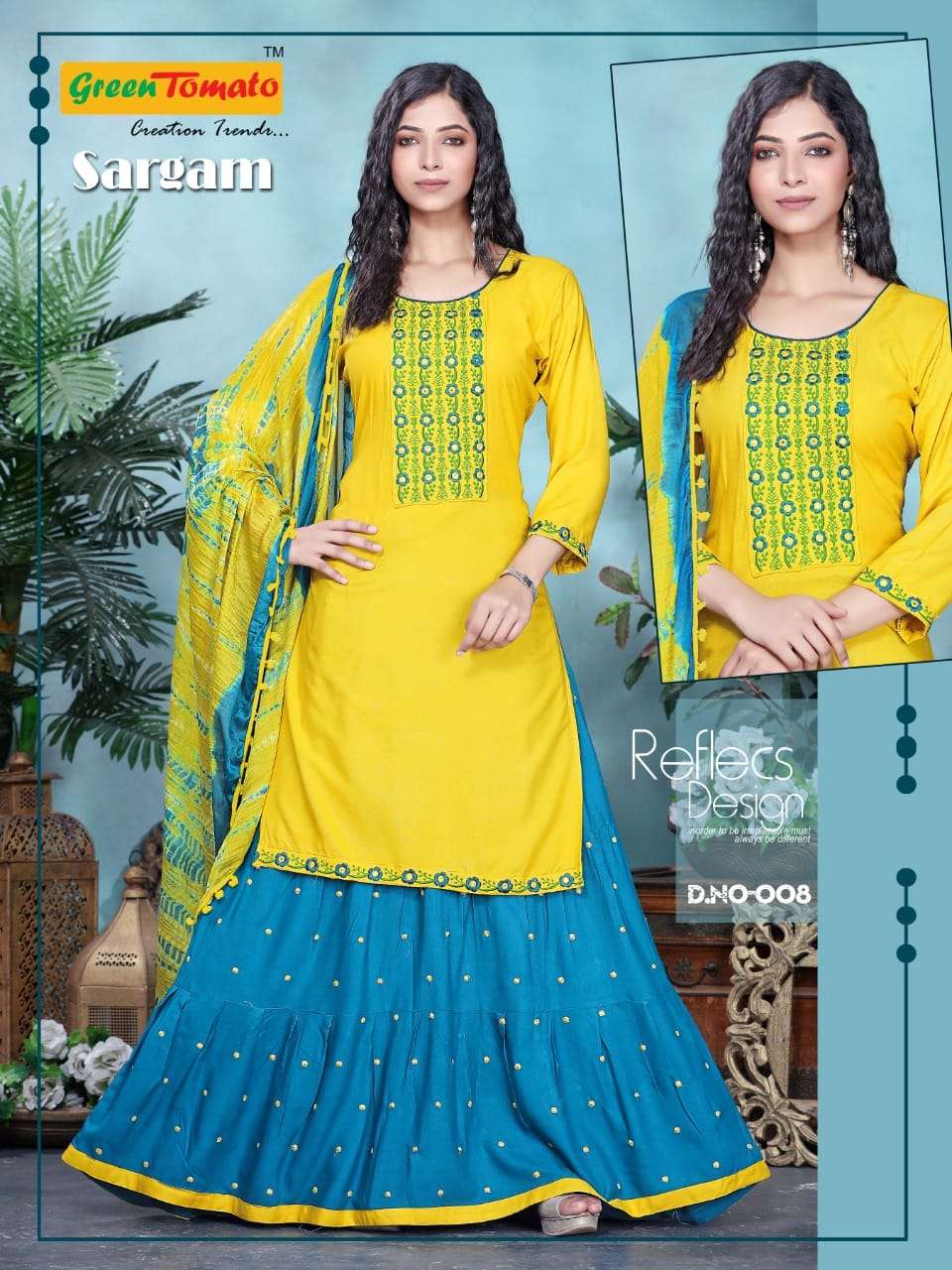 SARGAM BY GREEN TOMATO 001 TO 008 SERIES BEAUTIFUL SUITS COLORFUL STYLISH FANCY CASUAL WEAR & ETHNIC WEAR HEAVY RAYON EMBROIDERED DRESSES AT WHOLESALE PRICE