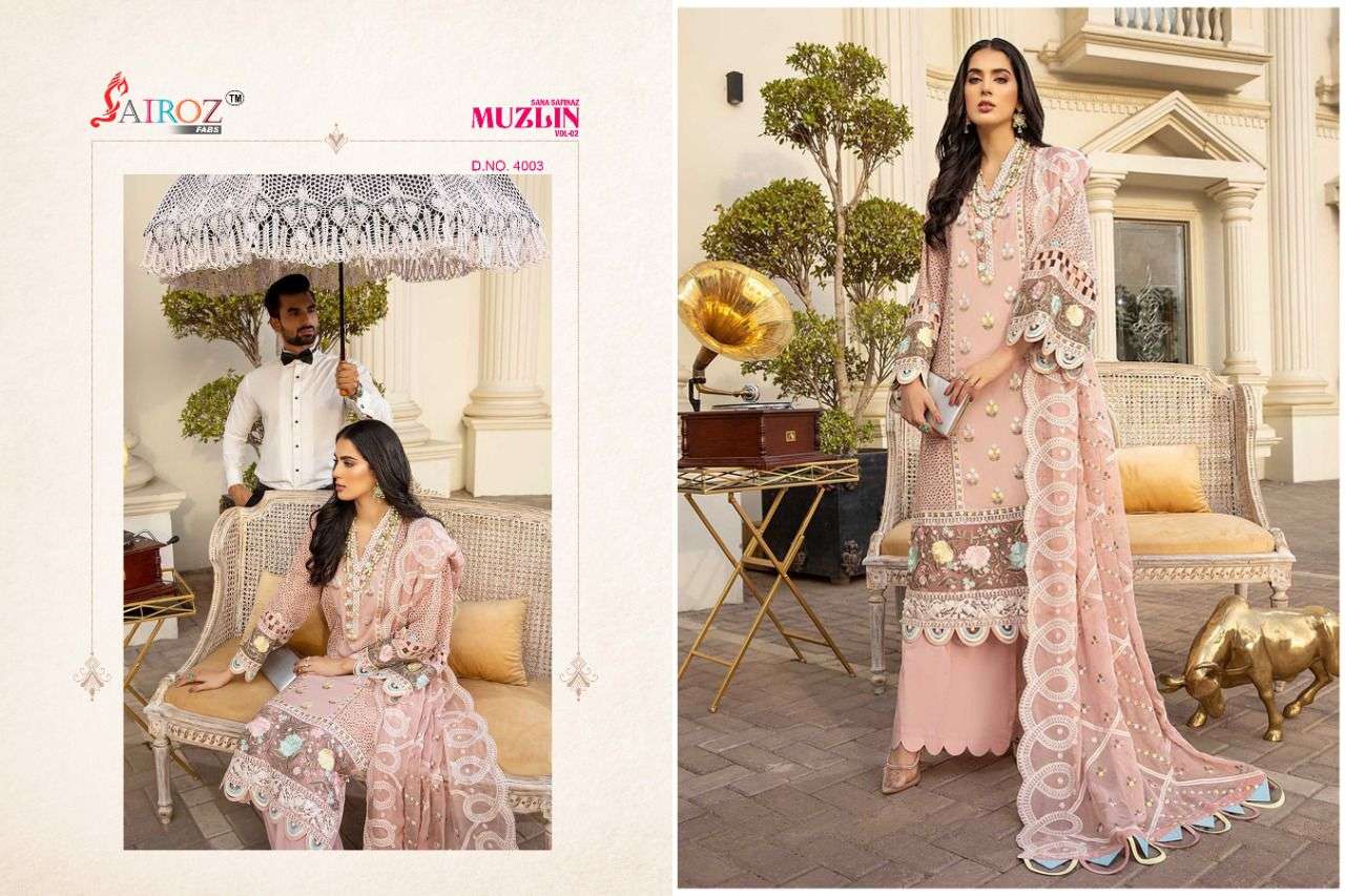 SANA SAFINAZ MUZLIN VOL-2 BY SAIROZ FABS 4003 TO 4004 SERIES PAKISTANI STYLISH BEAUTIFUL COLOURFUL PRINTED & EMBROIDERED PARTY WEAR & OCCASIONAL WEAR PASHMINA EMBROIDERED DRESSES AT WHOLESALE PRICE