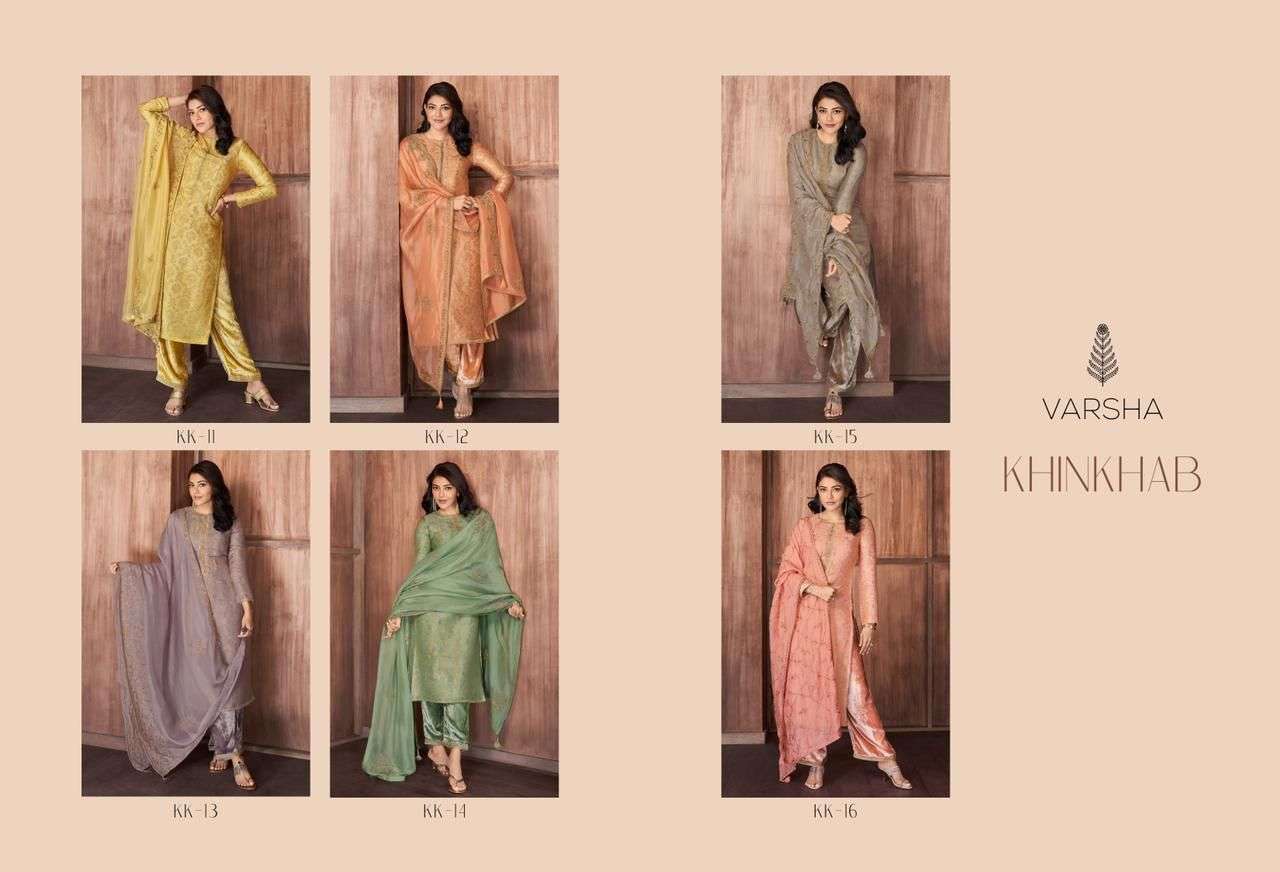 KHINKHAB BY VARSHA FASHION 11 TO 16 SERIES DESIGNER SUITS BEAUTIFUL STYLISH FANCY COLORFUL PARTY WEAR & ETHNIC WEAR KHINKHWAB WOVEN EMBROIDERED DRESSES AT WHOLESALE PRICE