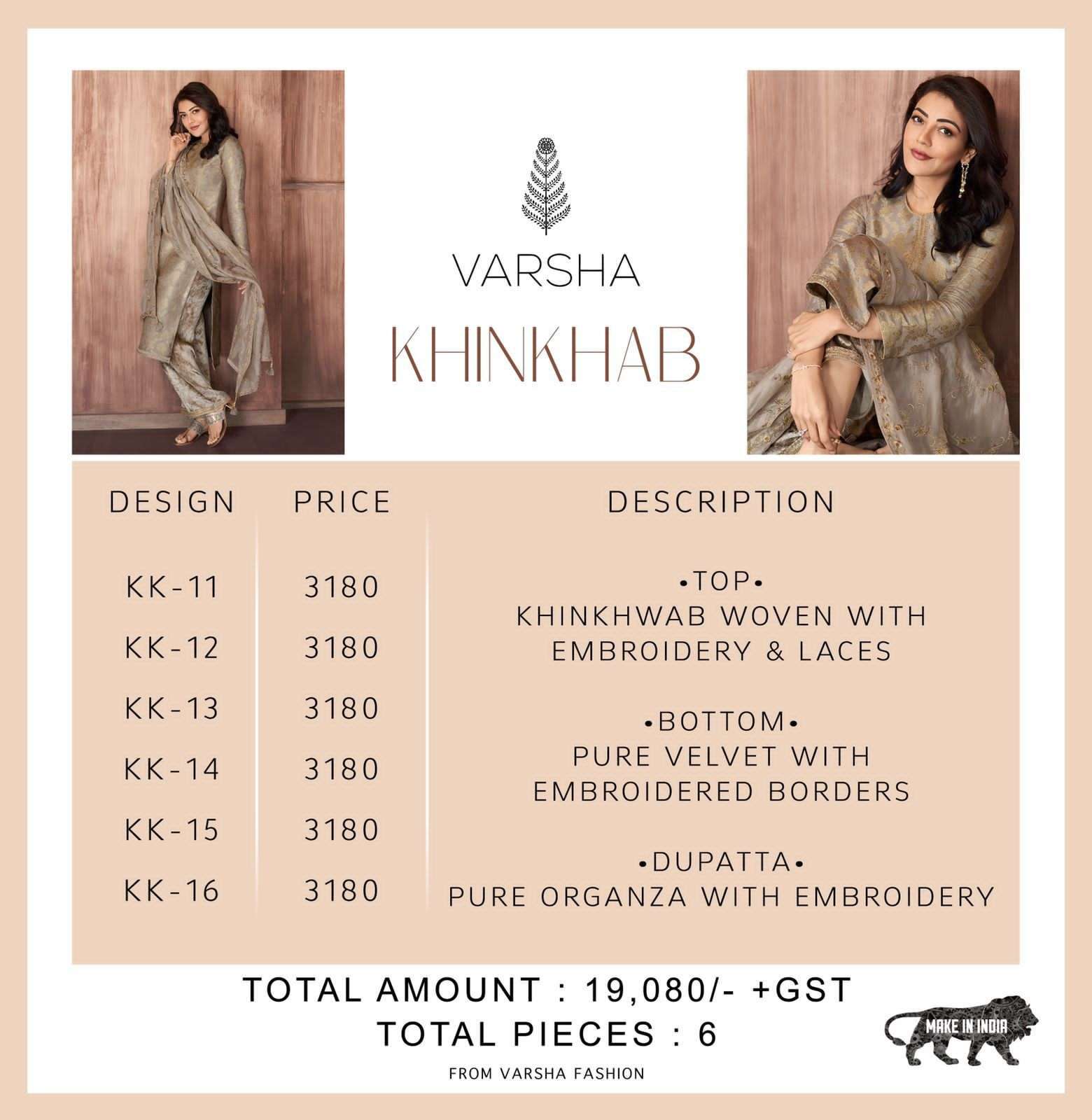 KHINKHAB BY VARSHA FASHION 11 TO 16 SERIES DESIGNER SUITS BEAUTIFUL STYLISH FANCY COLORFUL PARTY WEAR & ETHNIC WEAR KHINKHWAB WOVEN EMBROIDERED DRESSES AT WHOLESALE PRICE
