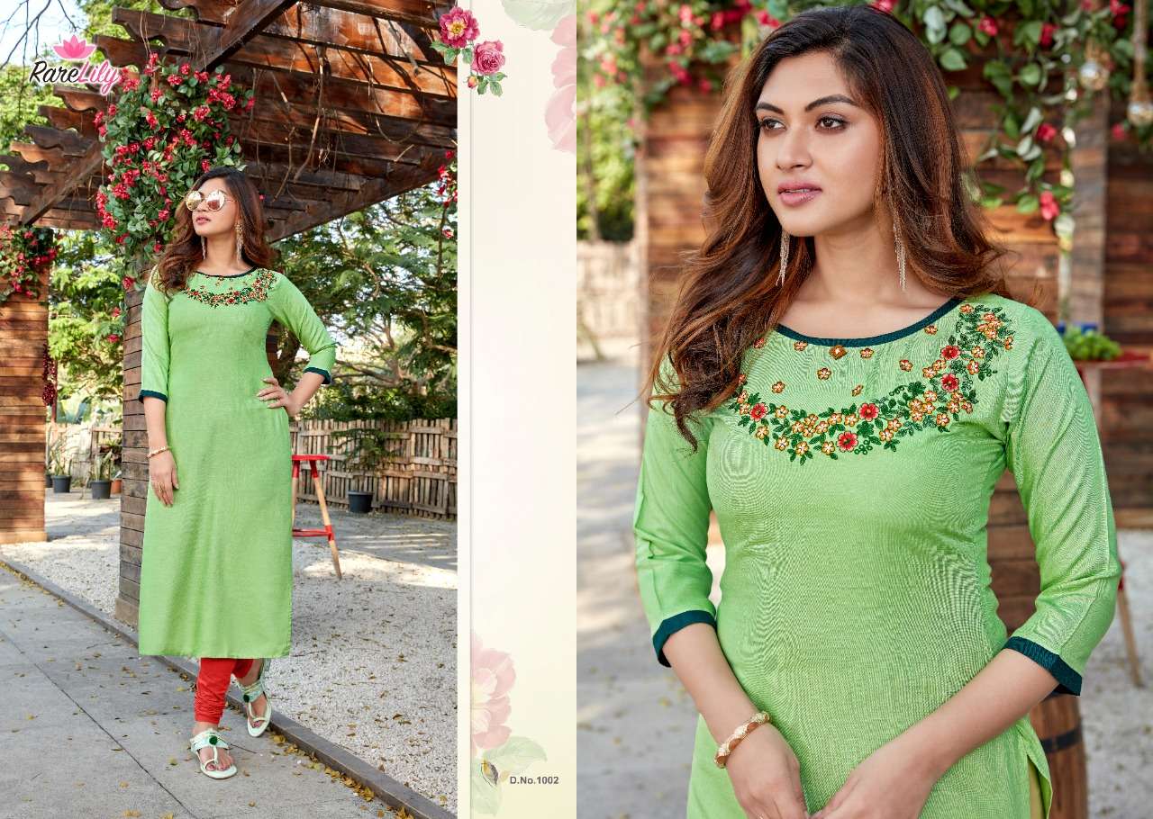 SENORITA BY RARE LILY 1001 TO 1009 SERIES DESIGNER STYLISH FANCY COLORFUL BEAUTIFUL PARTY WEAR & ETHNIC WEAR COLLECTION RAYON WITH WORK KURTIS AT WHOLESALE PRICE