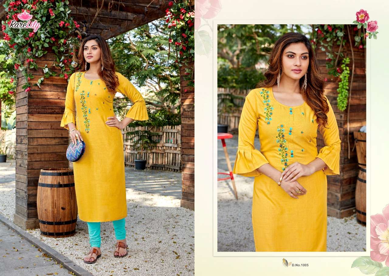 SENORITA BY RARE LILY 1001 TO 1009 SERIES DESIGNER STYLISH FANCY COLORFUL BEAUTIFUL PARTY WEAR & ETHNIC WEAR COLLECTION RAYON WITH WORK KURTIS AT WHOLESALE PRICE
