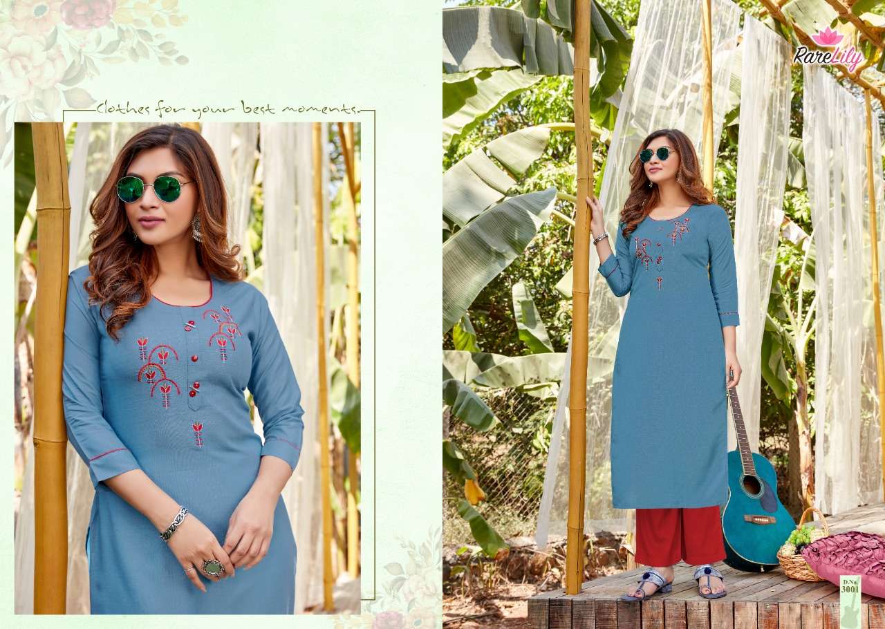 OVI BY RARE LILY 3001 TO 3009 SERIES DESIGNER STYLISH FANCY COLORFUL BEAUTIFUL PARTY WEAR & ETHNIC WEAR COLLECTION HEAVY RAYON WITH WORK KURTIS AT WHOLESALE PRICE