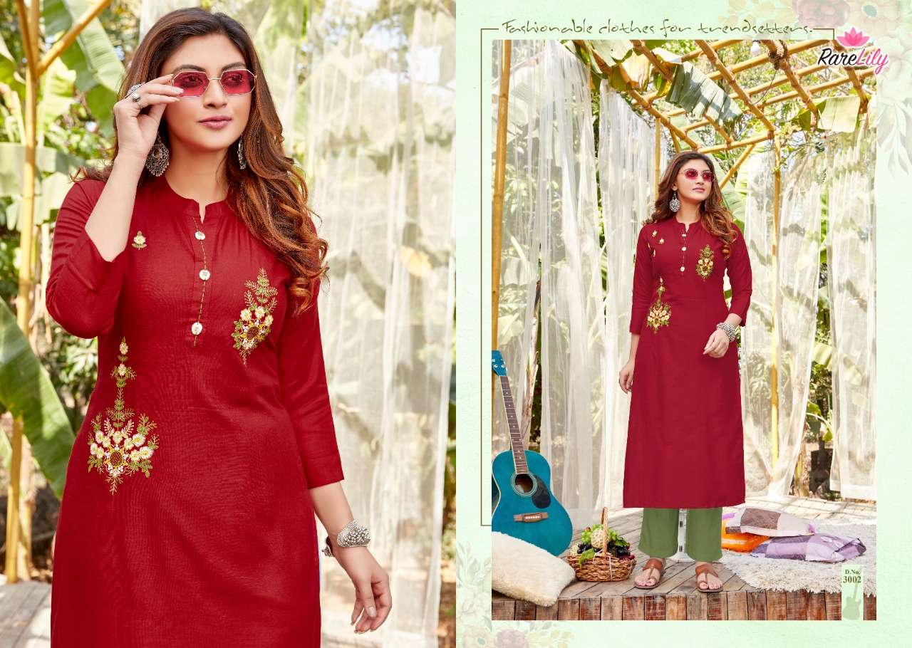 OVI BY RARE LILY 3001 TO 3009 SERIES DESIGNER STYLISH FANCY COLORFUL BEAUTIFUL PARTY WEAR & ETHNIC WEAR COLLECTION HEAVY RAYON WITH WORK KURTIS AT WHOLESALE PRICE