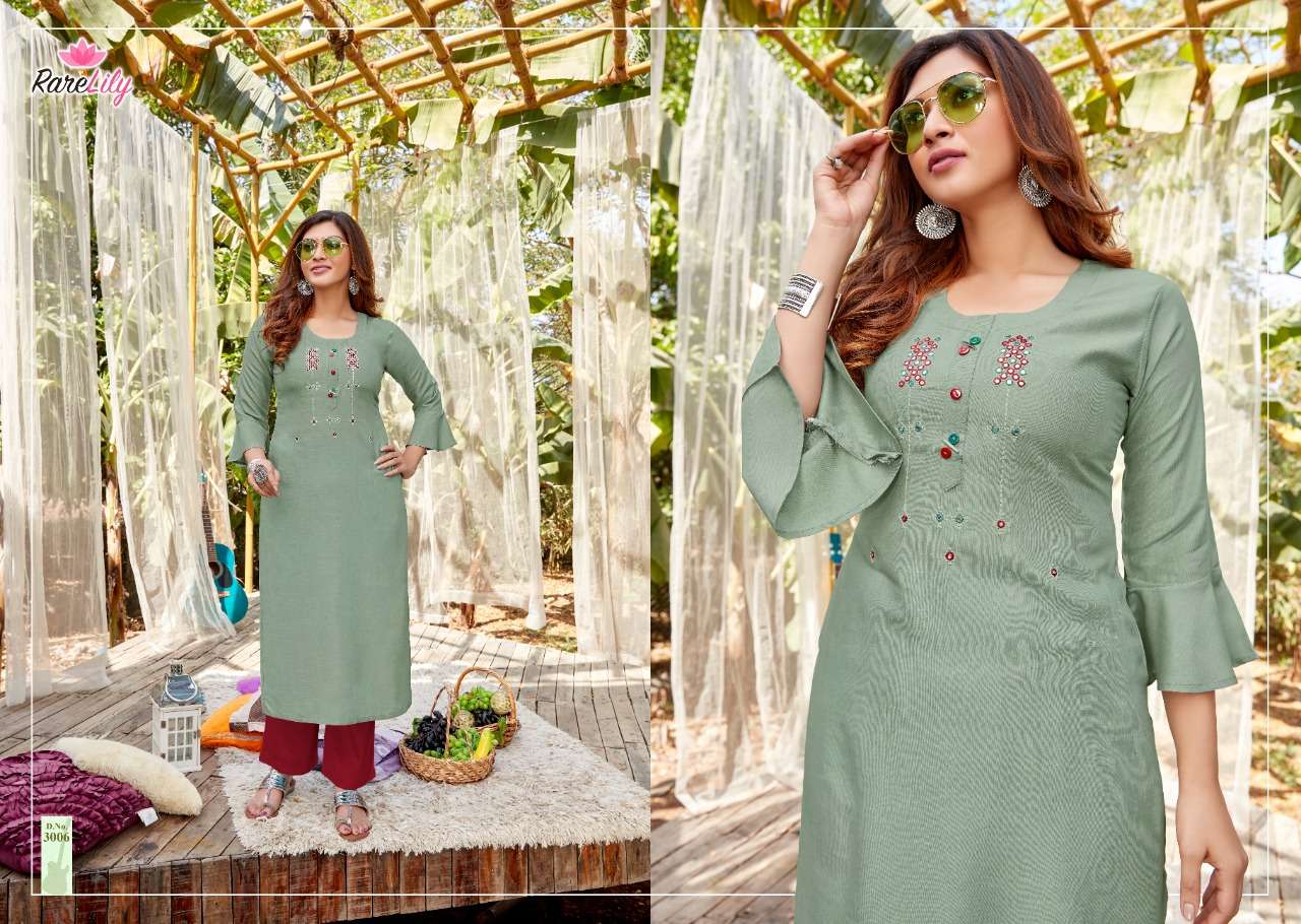 OVI BY RARE LILY 3001 TO 3009 SERIES DESIGNER STYLISH FANCY COLORFUL BEAUTIFUL PARTY WEAR & ETHNIC WEAR COLLECTION HEAVY RAYON WITH WORK KURTIS AT WHOLESALE PRICE