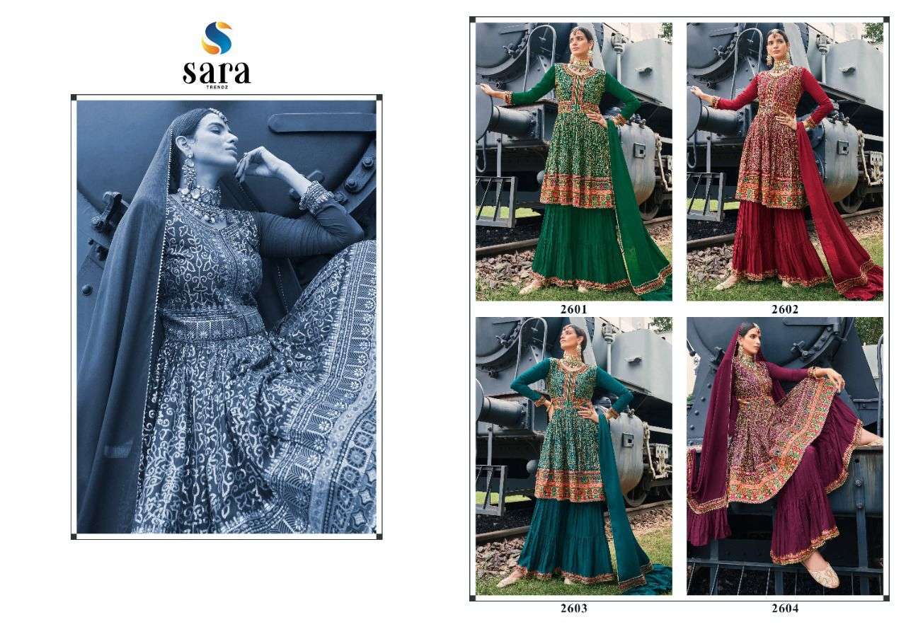 MANDAGINI BY SARA TRENDZ 2601 TO 2604 SERIES BEAUTIFUL STYLISH SHARARA SUITS FANCY COLORFUL CASUAL WEAR & ETHNIC WEAR & READY TO WEAR CHINNON EMBROIDERED DRESSES AT WHOLESALE PRICE