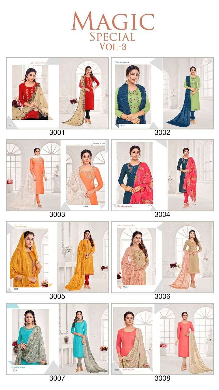 MAGIC SPECIAL VOL-3 BY SHAGUN 3001 TO 3008 SERIES BEAUTIFUL STYLISH SHARARA SUITS FANCY COLORFUL CASUAL WEAR & ETHNIC WEAR & READY TO WEAR MIX DRESSES AT WHOLESALE PRICE