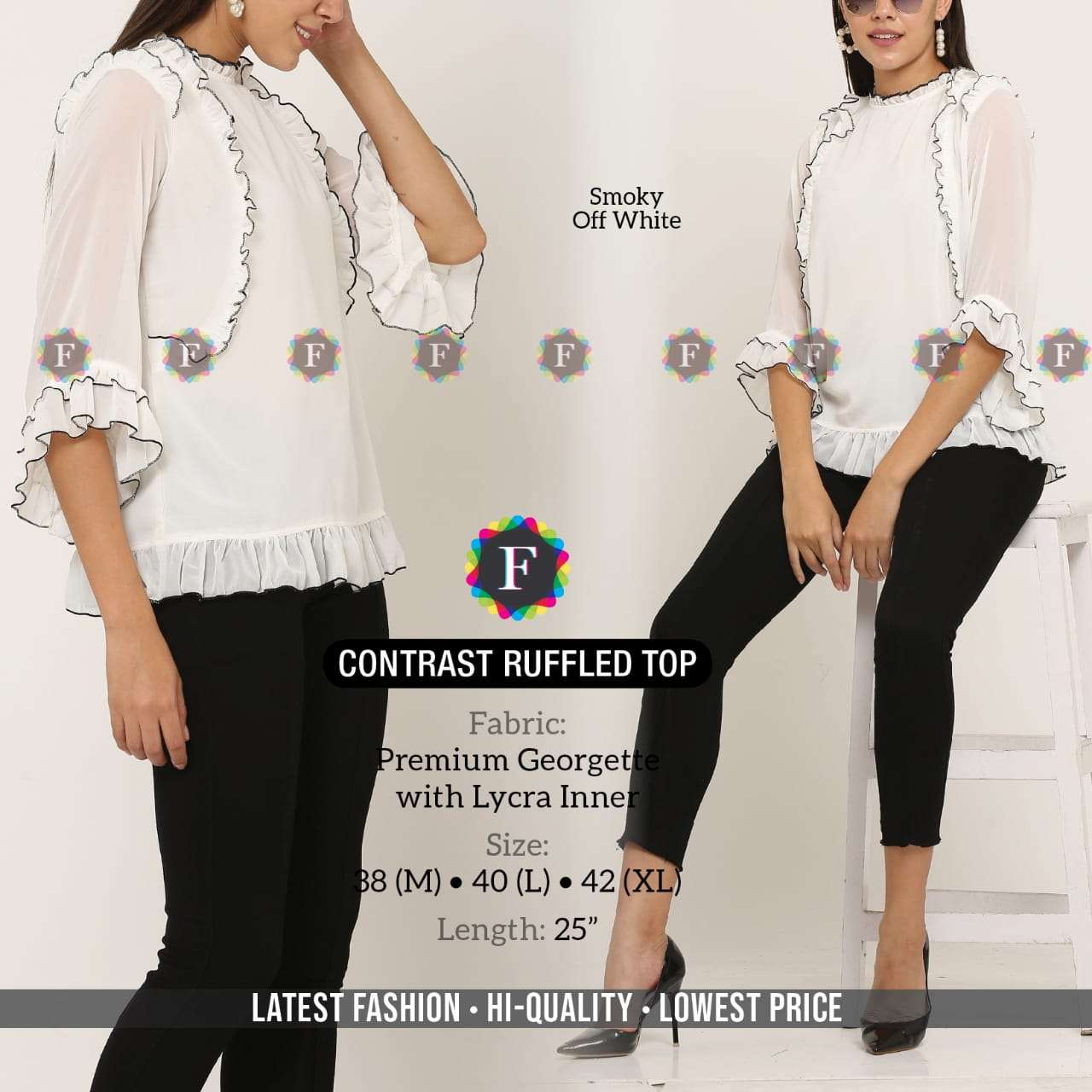 CONTRAST RUFFLED TOP BY FIESTA 01 TO 08 SERIES BEAUTIFUL STYLISH FANCY COLORFUL CASUAL WEAR & ETHNIC WEAR PREMIUM GEORGETTE TOPS AT WHOLESALE PRICE