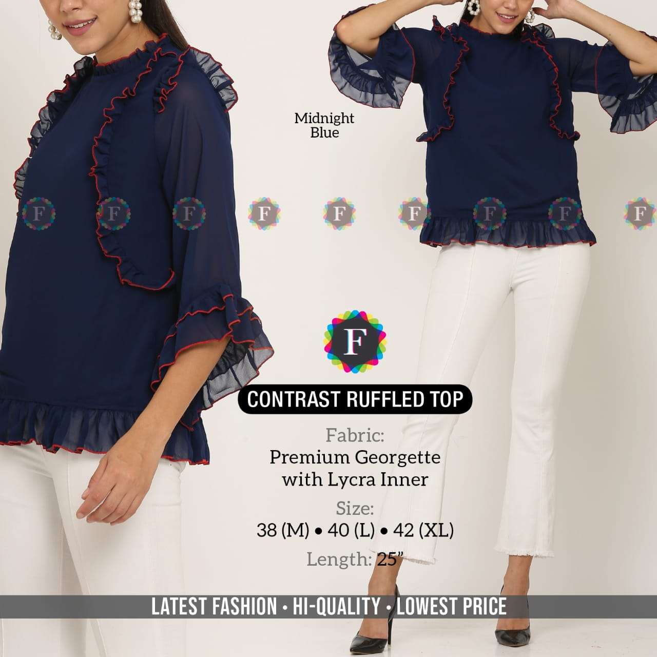 CONTRAST RUFFLED TOP BY FIESTA 01 TO 08 SERIES BEAUTIFUL STYLISH FANCY COLORFUL CASUAL WEAR & ETHNIC WEAR PREMIUM GEORGETTE TOPS AT WHOLESALE PRICE