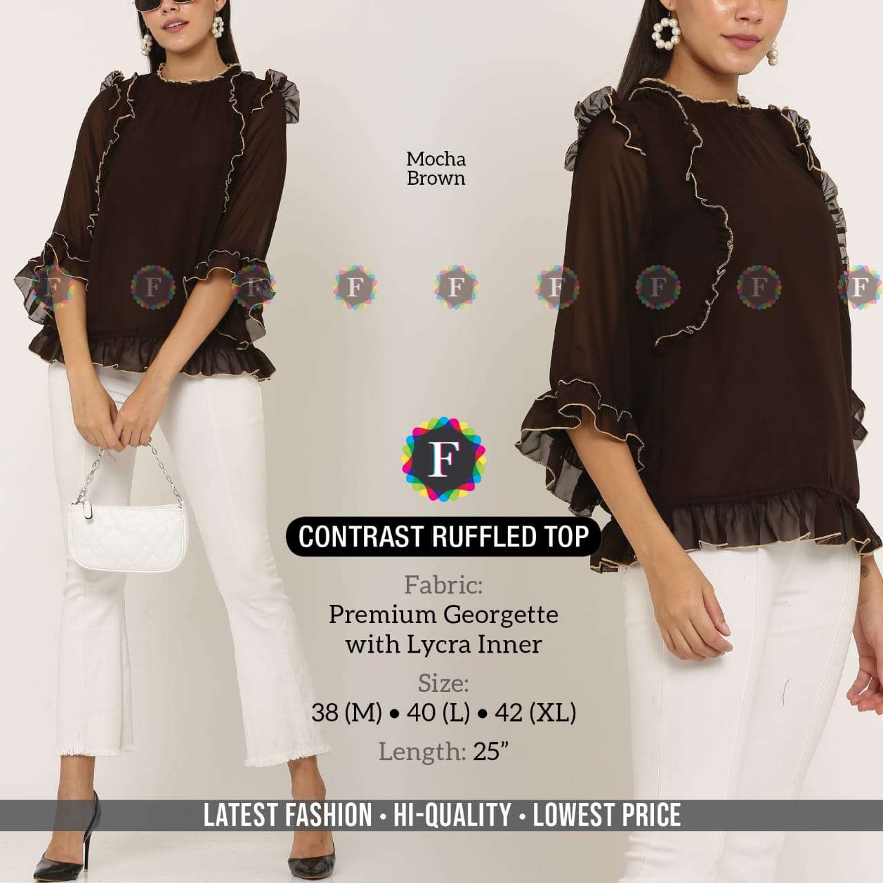 CONTRAST RUFFLED TOP BY FIESTA 01 TO 08 SERIES BEAUTIFUL STYLISH FANCY COLORFUL CASUAL WEAR & ETHNIC WEAR PREMIUM GEORGETTE TOPS AT WHOLESALE PRICE