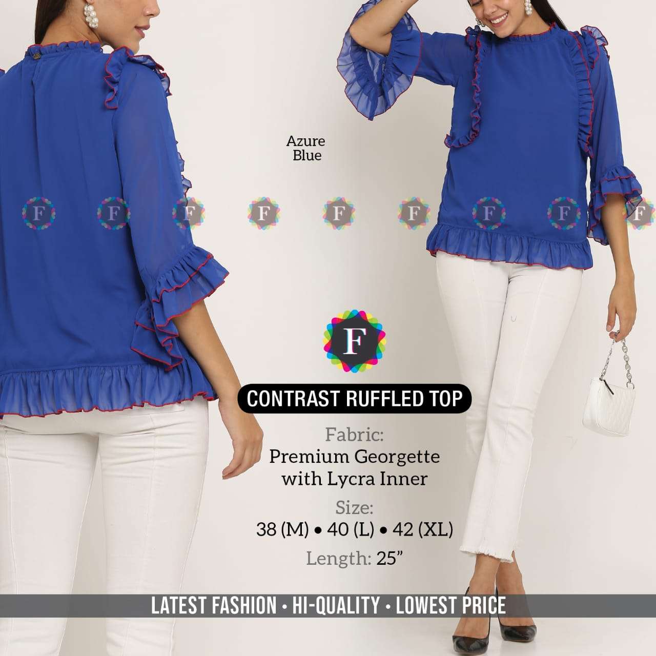 CONTRAST RUFFLED TOP BY FIESTA 01 TO 08 SERIES BEAUTIFUL STYLISH FANCY COLORFUL CASUAL WEAR & ETHNIC WEAR PREMIUM GEORGETTE TOPS AT WHOLESALE PRICE