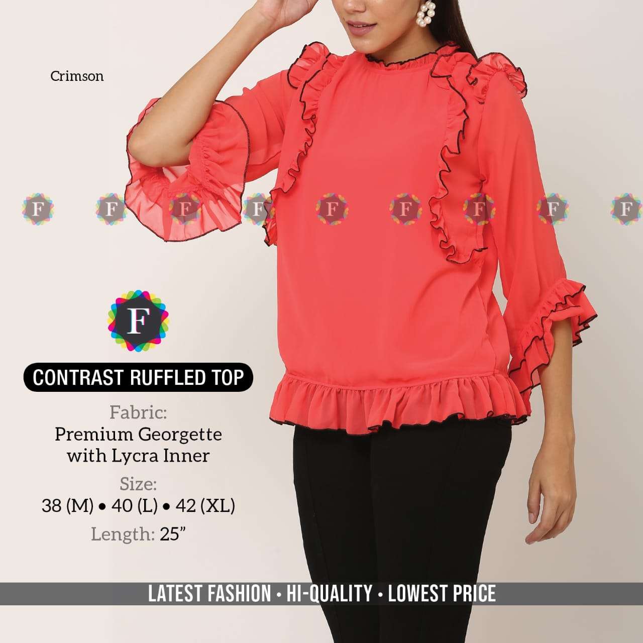 CONTRAST RUFFLED TOP BY FIESTA 01 TO 08 SERIES BEAUTIFUL STYLISH FANCY COLORFUL CASUAL WEAR & ETHNIC WEAR PREMIUM GEORGETTE TOPS AT WHOLESALE PRICE