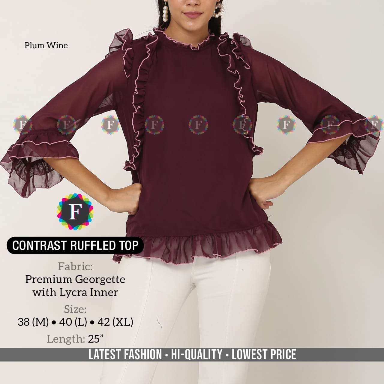 CONTRAST RUFFLED TOP BY FIESTA 01 TO 08 SERIES BEAUTIFUL STYLISH FANCY COLORFUL CASUAL WEAR & ETHNIC WEAR PREMIUM GEORGETTE TOPS AT WHOLESALE PRICE
