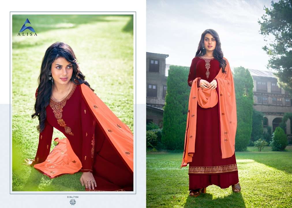 SARINA VOL-2 BY ALISA 7101 TO 7106 SERIES BEAUTIFUL SUITS COLORFUL STYLISH FANCY CASUAL WEAR & ETHNIC WEAR FAUX GEORGETTE DRESSES AT WHOLESALE PRICE