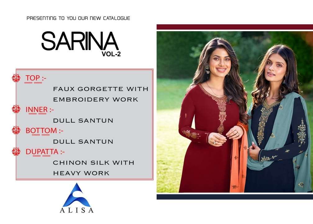 SARINA VOL-2 BY ALISA 7101 TO 7106 SERIES BEAUTIFUL SUITS COLORFUL STYLISH FANCY CASUAL WEAR & ETHNIC WEAR FAUX GEORGETTE DRESSES AT WHOLESALE PRICE