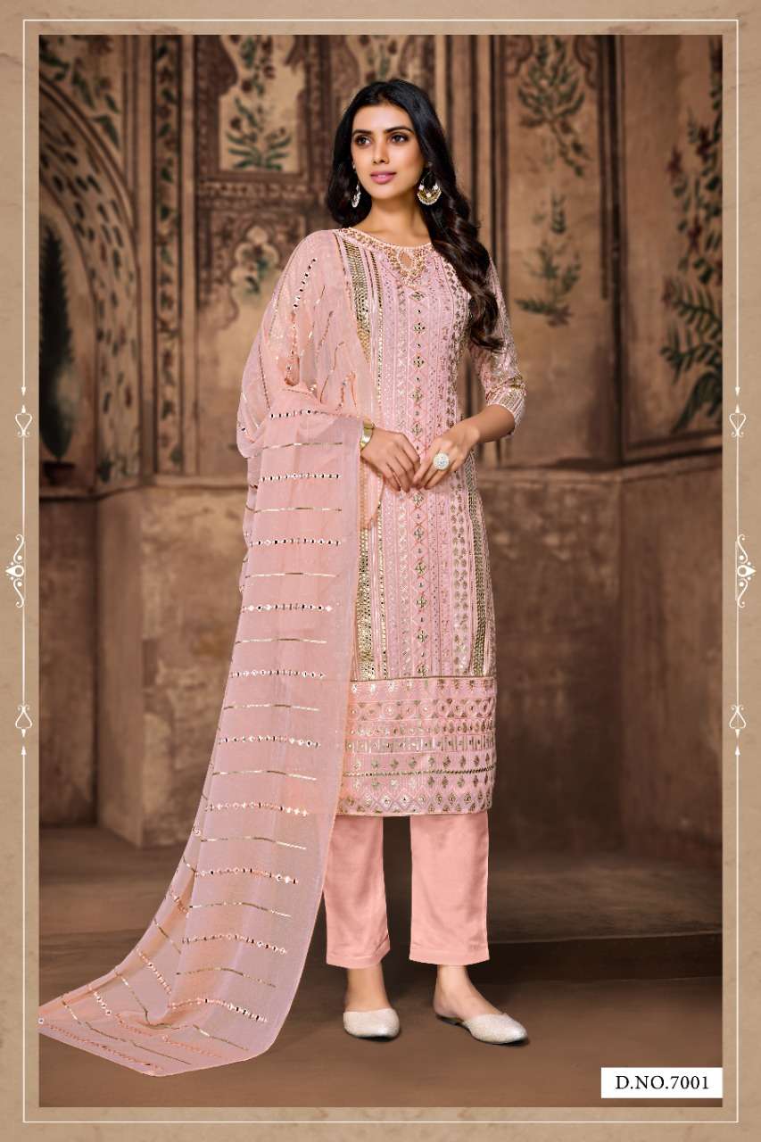 LAKHNAVI BY FK FASHION HUB 7001 TO 7005 SERIES BEAUTIFUL SUITS COLORFUL STYLISH FANCY CASUAL WEAR & ETHNIC WEAR HEAVY GEORGETTE WITH WORK DRESSES AT WHOLESALE PRICE