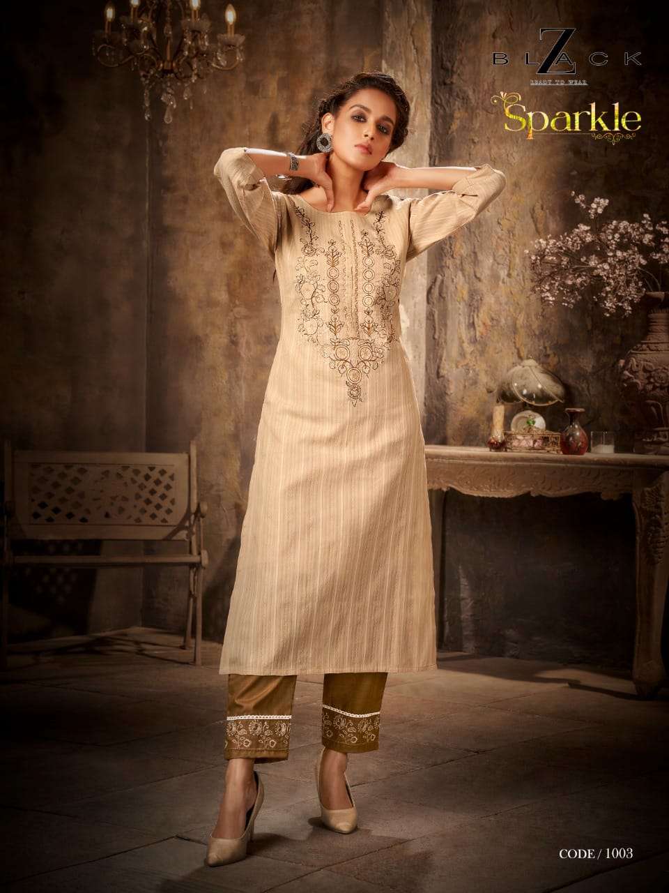 SPARKLE BY Z BLACK 1001 TO 1006 SERIES DESIGNER STYLISH FANCY COLORFUL BEAUTIFUL PARTY WEAR & ETHNIC WEAR COLLECTION PURE COTTON WITH EMBROIDERY KURTIS WITH BOTTOM AT WHOLESALE PRICE