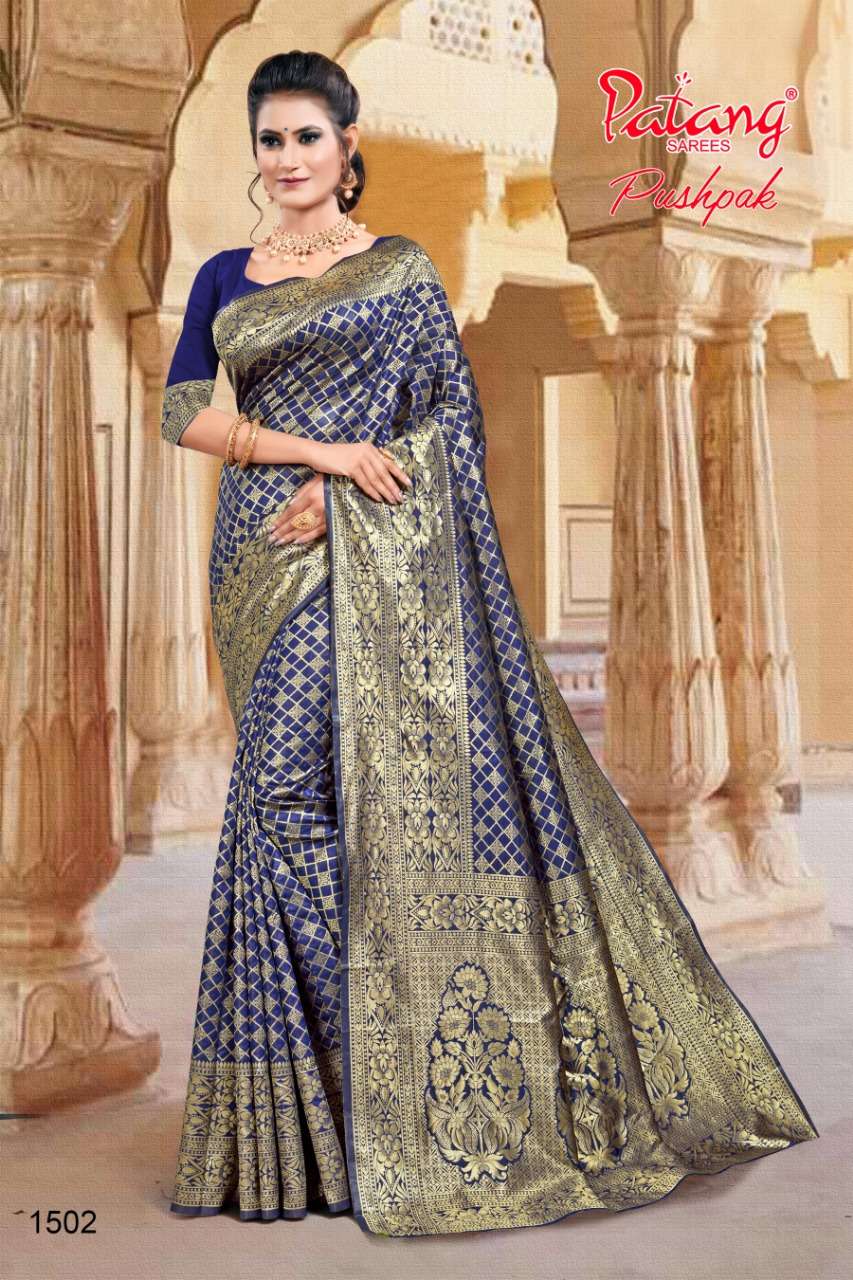 PUSHPAK BY PATANG SAREES 1501 TO 1508 SERIES INDIAN TRADITIONAL WEAR COLLECTION BEAUTIFUL STYLISH FANCY COLORFUL PARTY WEAR & OCCASIONAL WEAR SILK SAREES AT WHOLESALE PRICE