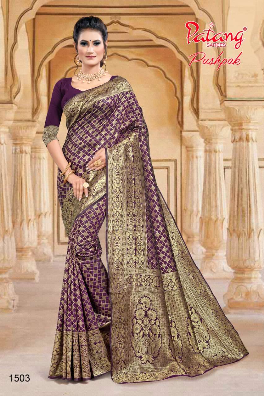 PUSHPAK BY PATANG SAREES 1501 TO 1508 SERIES INDIAN TRADITIONAL WEAR COLLECTION BEAUTIFUL STYLISH FANCY COLORFUL PARTY WEAR & OCCASIONAL WEAR SILK SAREES AT WHOLESALE PRICE