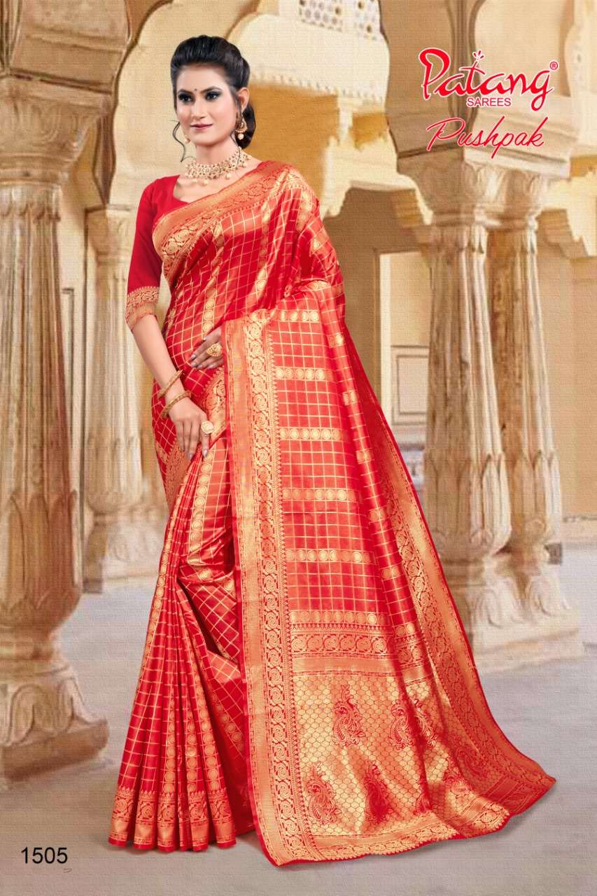 PUSHPAK BY PATANG SAREES 1501 TO 1508 SERIES INDIAN TRADITIONAL WEAR COLLECTION BEAUTIFUL STYLISH FANCY COLORFUL PARTY WEAR & OCCASIONAL WEAR SILK SAREES AT WHOLESALE PRICE