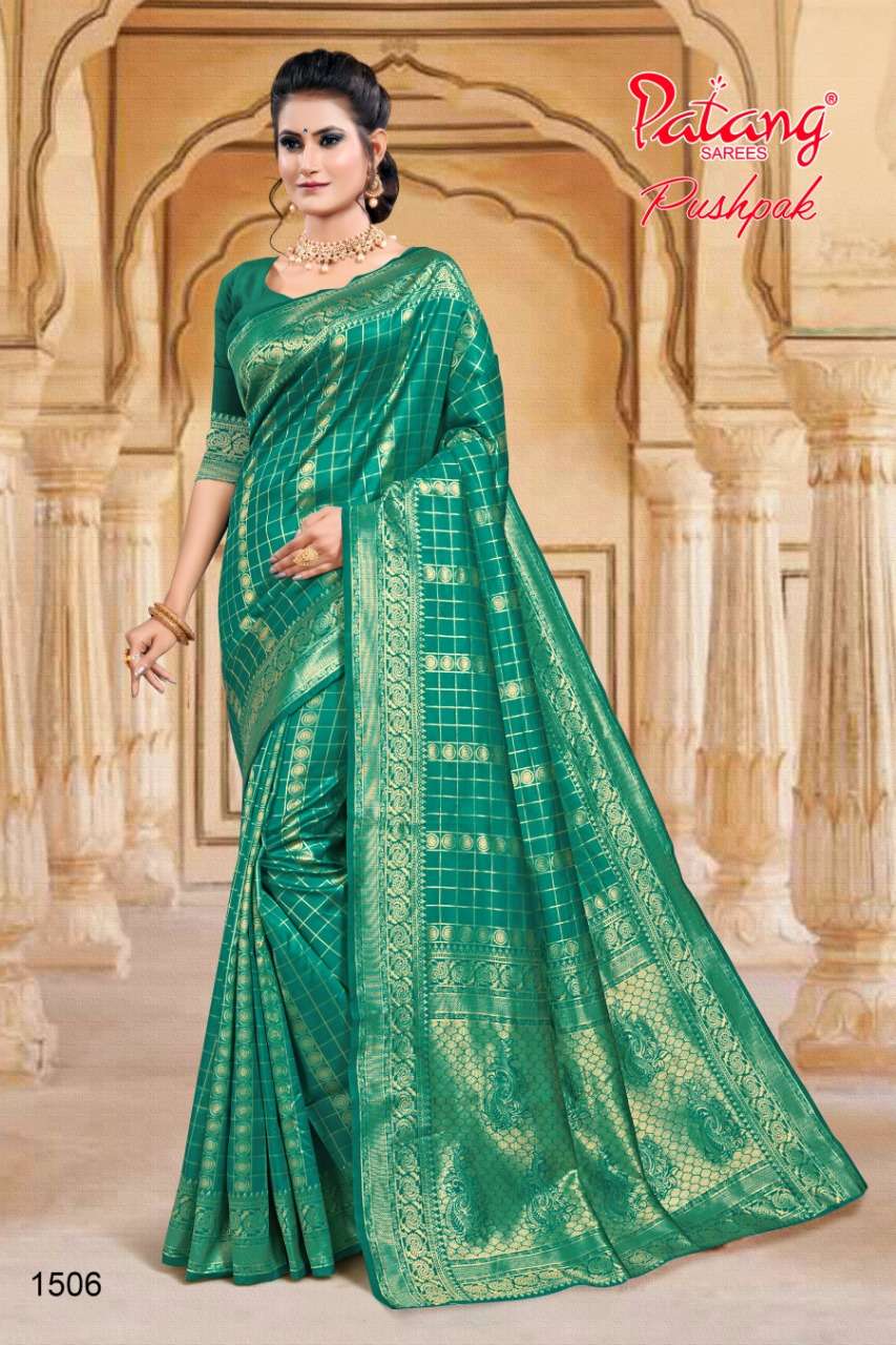 PUSHPAK BY PATANG SAREES 1501 TO 1508 SERIES INDIAN TRADITIONAL WEAR COLLECTION BEAUTIFUL STYLISH FANCY COLORFUL PARTY WEAR & OCCASIONAL WEAR SILK SAREES AT WHOLESALE PRICE