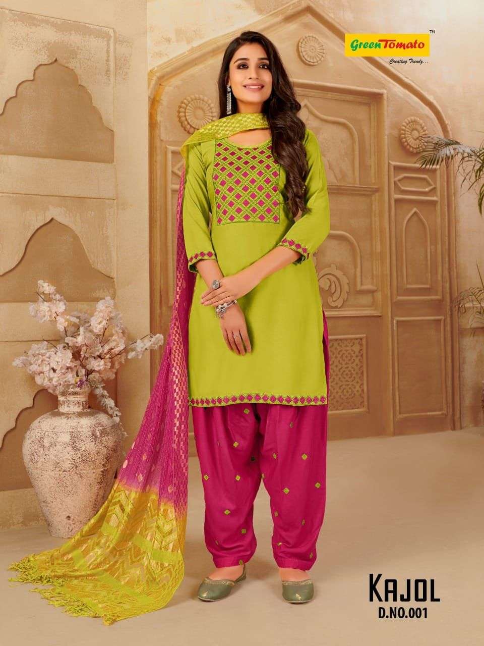 KAJOL BY GREEN TOMATO 001 TO 008 SERIES BEAUTIFUL PATIYALA SUITS COLORFUL STYLISH FANCY CASUAL WEAR & ETHNIC WEAR RAYON EMBROIDERED DRESSES AT WHOLESALE PRICE