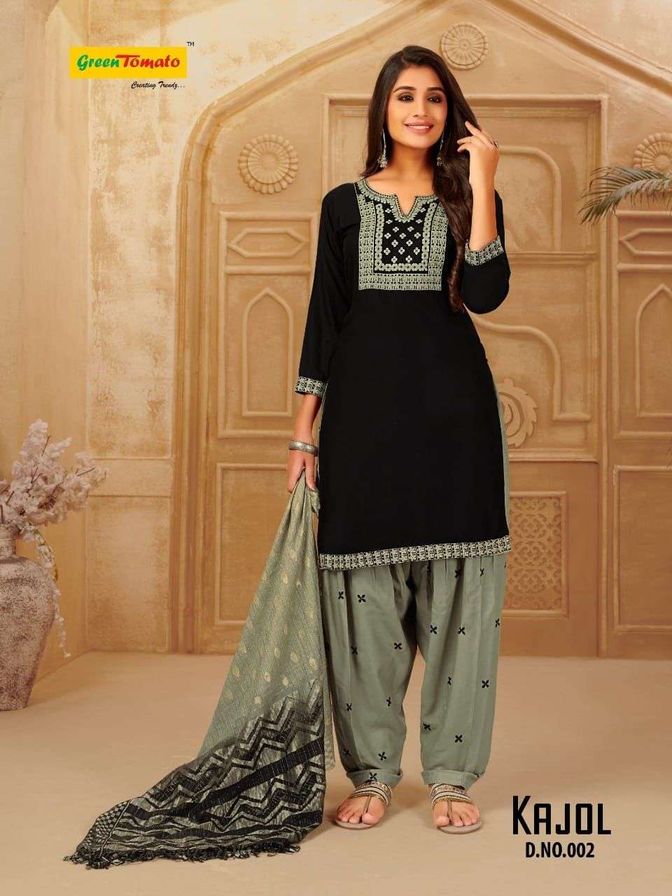 KAJOL BY GREEN TOMATO 001 TO 008 SERIES BEAUTIFUL PATIYALA SUITS COLORFUL STYLISH FANCY CASUAL WEAR & ETHNIC WEAR RAYON EMBROIDERED DRESSES AT WHOLESALE PRICE