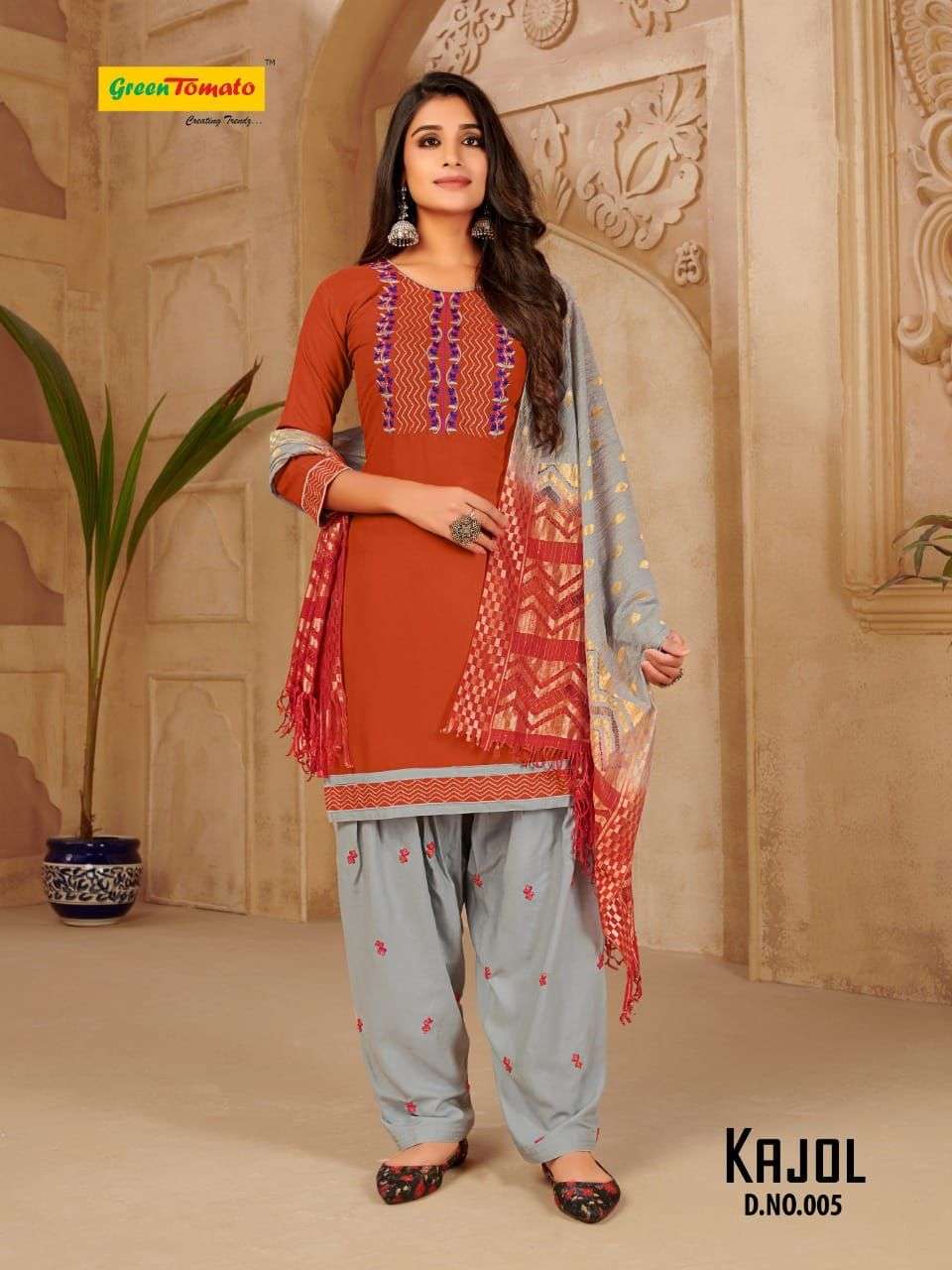 KAJOL BY GREEN TOMATO 001 TO 008 SERIES BEAUTIFUL PATIYALA SUITS COLORFUL STYLISH FANCY CASUAL WEAR & ETHNIC WEAR RAYON EMBROIDERED DRESSES AT WHOLESALE PRICE