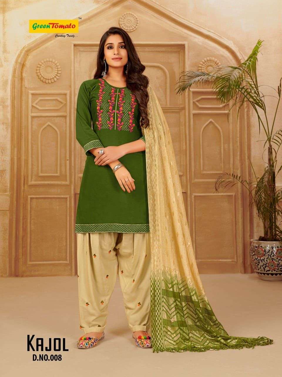 KAJOL BY GREEN TOMATO 001 TO 008 SERIES BEAUTIFUL PATIYALA SUITS COLORFUL STYLISH FANCY CASUAL WEAR & ETHNIC WEAR RAYON EMBROIDERED DRESSES AT WHOLESALE PRICE