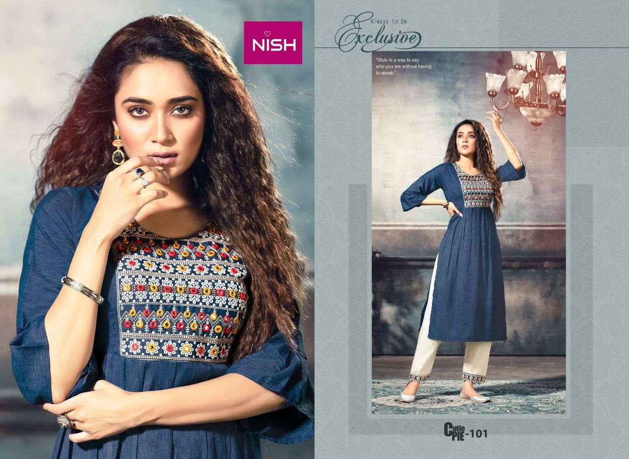 CUTIE PIE BY NISH 101 TO 106 SERIES DESIGNER STYLISH FANCY COLORFUL BEAUTIFUL PARTY WEAR & ETHNIC WEAR COLLECTION RAYON KURTIS WITH BOTTOM AT WHOLESALE PRICE