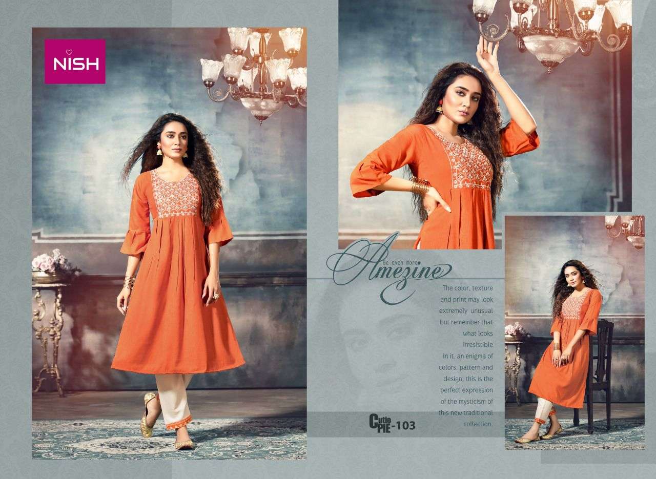 CUTIE PIE BY NISH 101 TO 106 SERIES DESIGNER STYLISH FANCY COLORFUL BEAUTIFUL PARTY WEAR & ETHNIC WEAR COLLECTION RAYON KURTIS WITH BOTTOM AT WHOLESALE PRICE