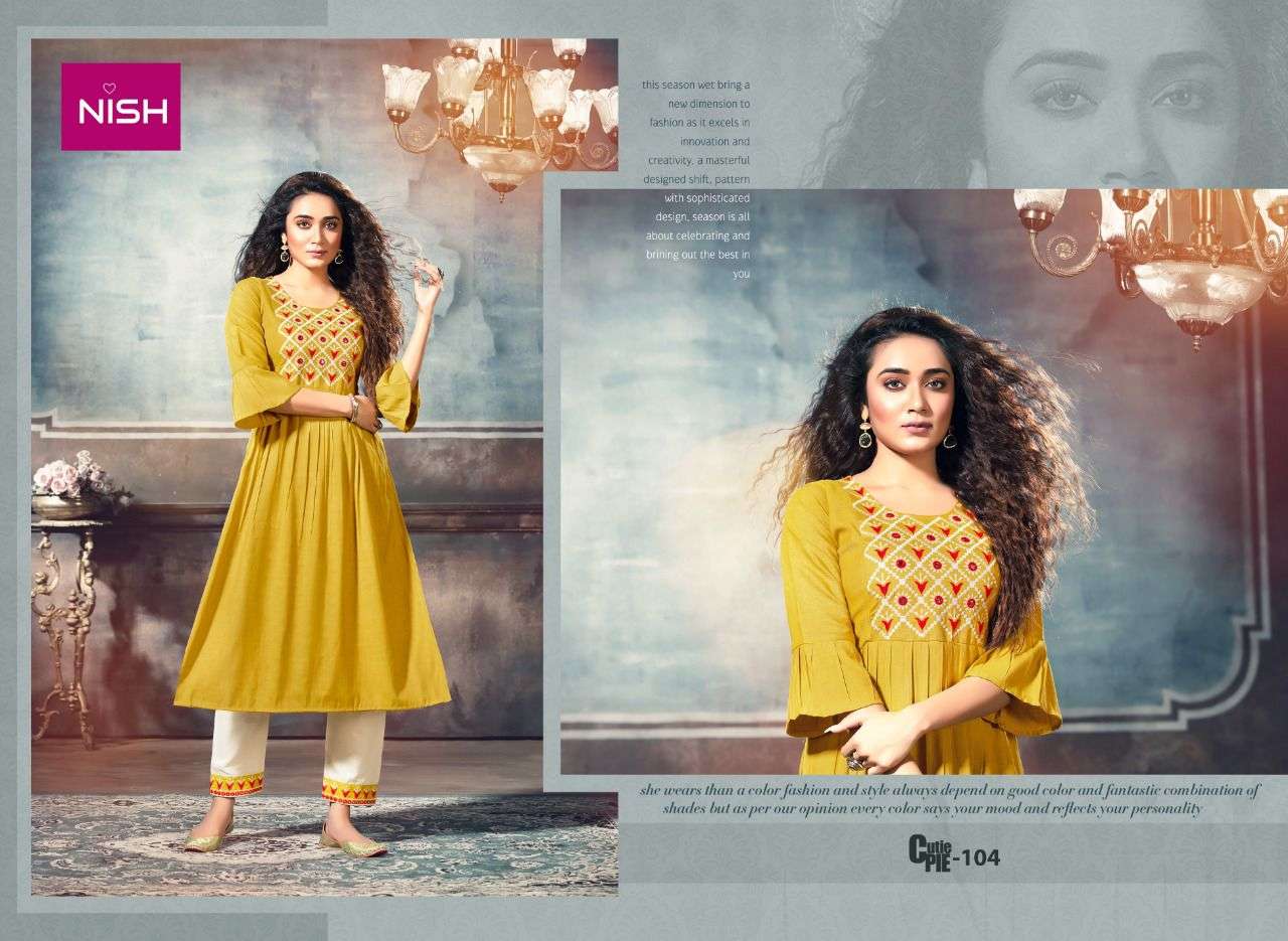 CUTIE PIE BY NISH 101 TO 106 SERIES DESIGNER STYLISH FANCY COLORFUL BEAUTIFUL PARTY WEAR & ETHNIC WEAR COLLECTION RAYON KURTIS WITH BOTTOM AT WHOLESALE PRICE