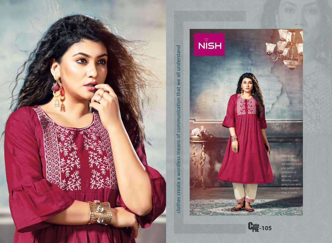 CUTIE PIE BY NISH 101 TO 106 SERIES DESIGNER STYLISH FANCY COLORFUL BEAUTIFUL PARTY WEAR & ETHNIC WEAR COLLECTION RAYON KURTIS WITH BOTTOM AT WHOLESALE PRICE