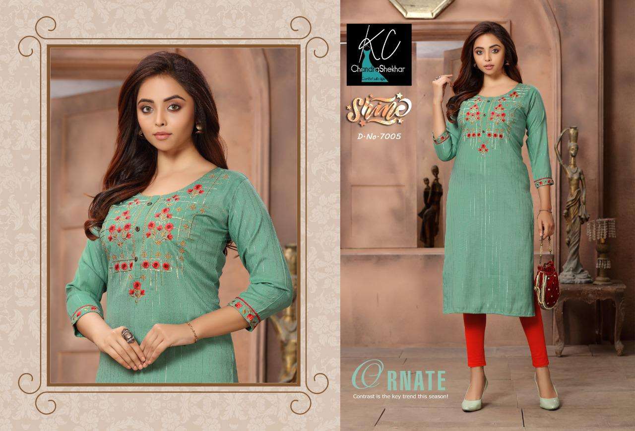 SHINE VOL-7 BY KC 701 TO 708 SERIES DESIGNER STYLISH FANCY COLORFUL BEAUTIFUL PARTY WEAR & ETHNIC WEAR COLLECTION RAYON EMBROIDERY KURTIS AT WHOLESALE PRICE