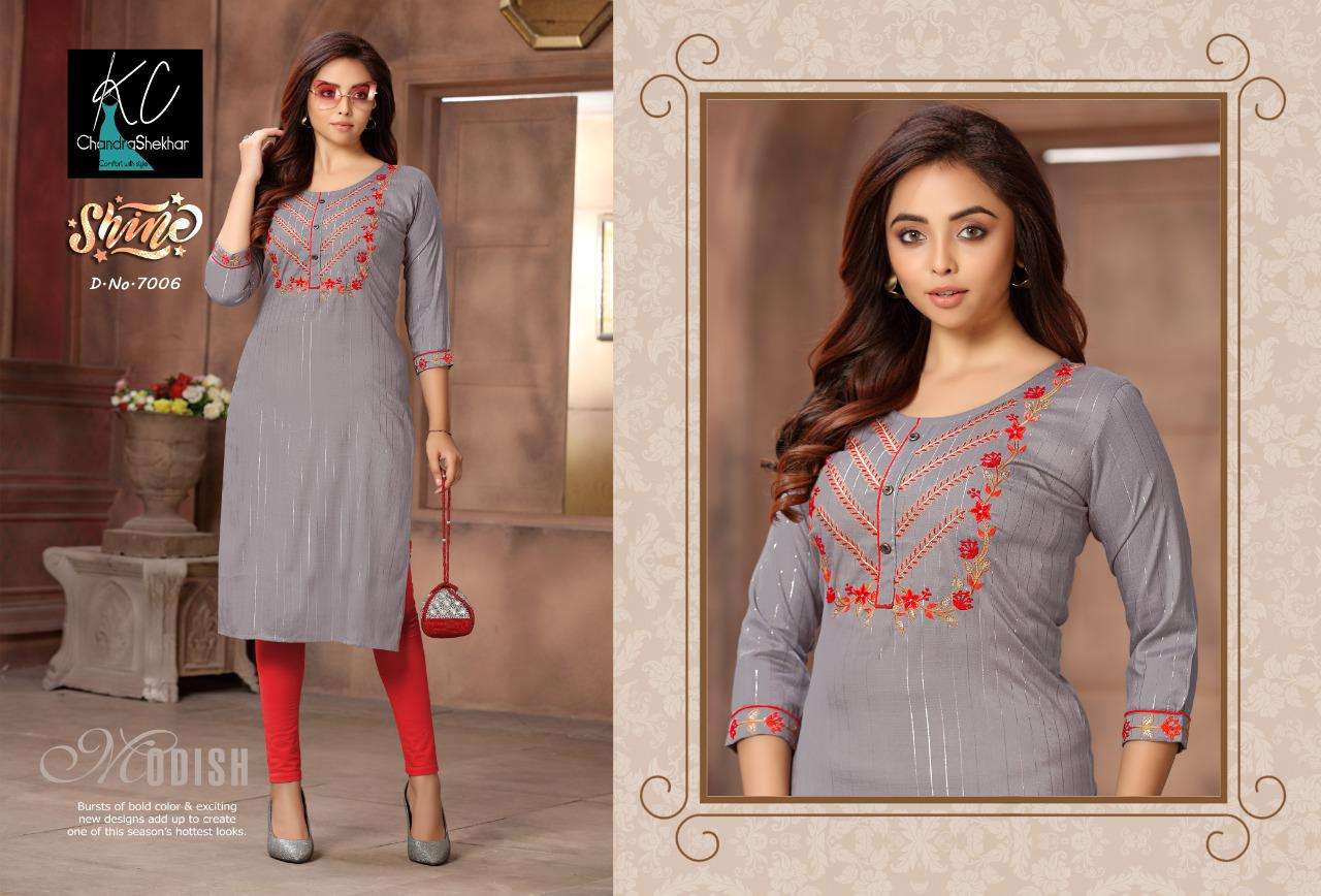 SHINE VOL-7 BY KC 701 TO 708 SERIES DESIGNER STYLISH FANCY COLORFUL BEAUTIFUL PARTY WEAR & ETHNIC WEAR COLLECTION RAYON EMBROIDERY KURTIS AT WHOLESALE PRICE