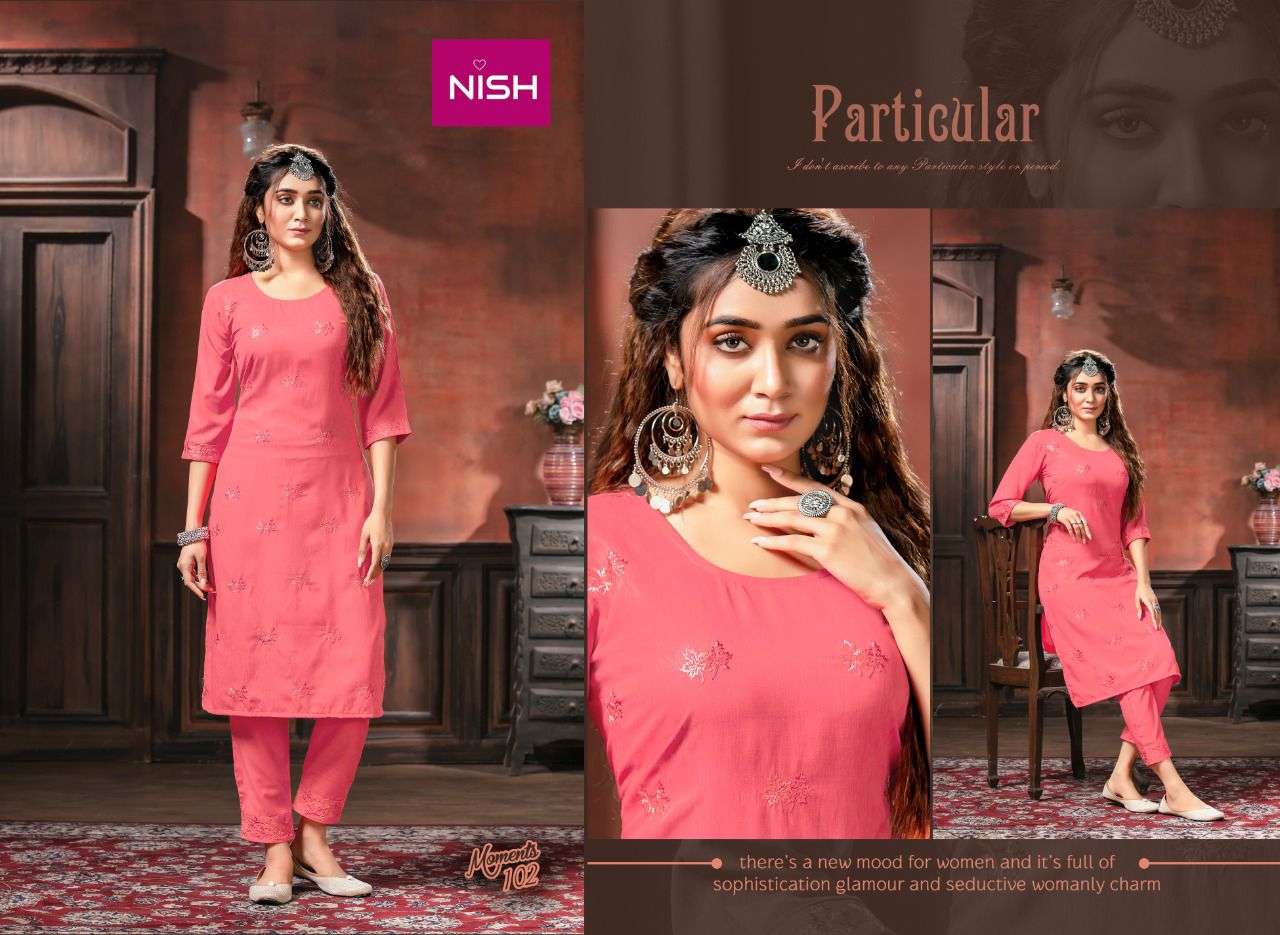 MOMENTS BY NISH 101 TO 104 SERIES DESIGNER STYLISH FANCY COLORFUL BEAUTIFUL PARTY WEAR & ETHNIC WEAR COLLECTION RAYON KURTIS WITH BOTTOM AT WHOLESALE PRICE