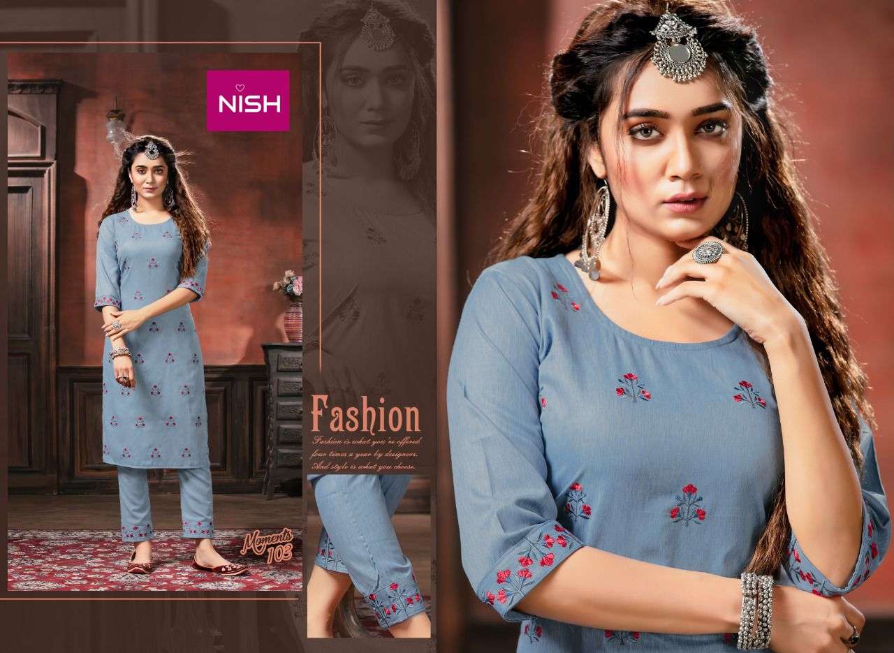 MOMENTS BY NISH 101 TO 104 SERIES DESIGNER STYLISH FANCY COLORFUL BEAUTIFUL PARTY WEAR & ETHNIC WEAR COLLECTION RAYON KURTIS WITH BOTTOM AT WHOLESALE PRICE
