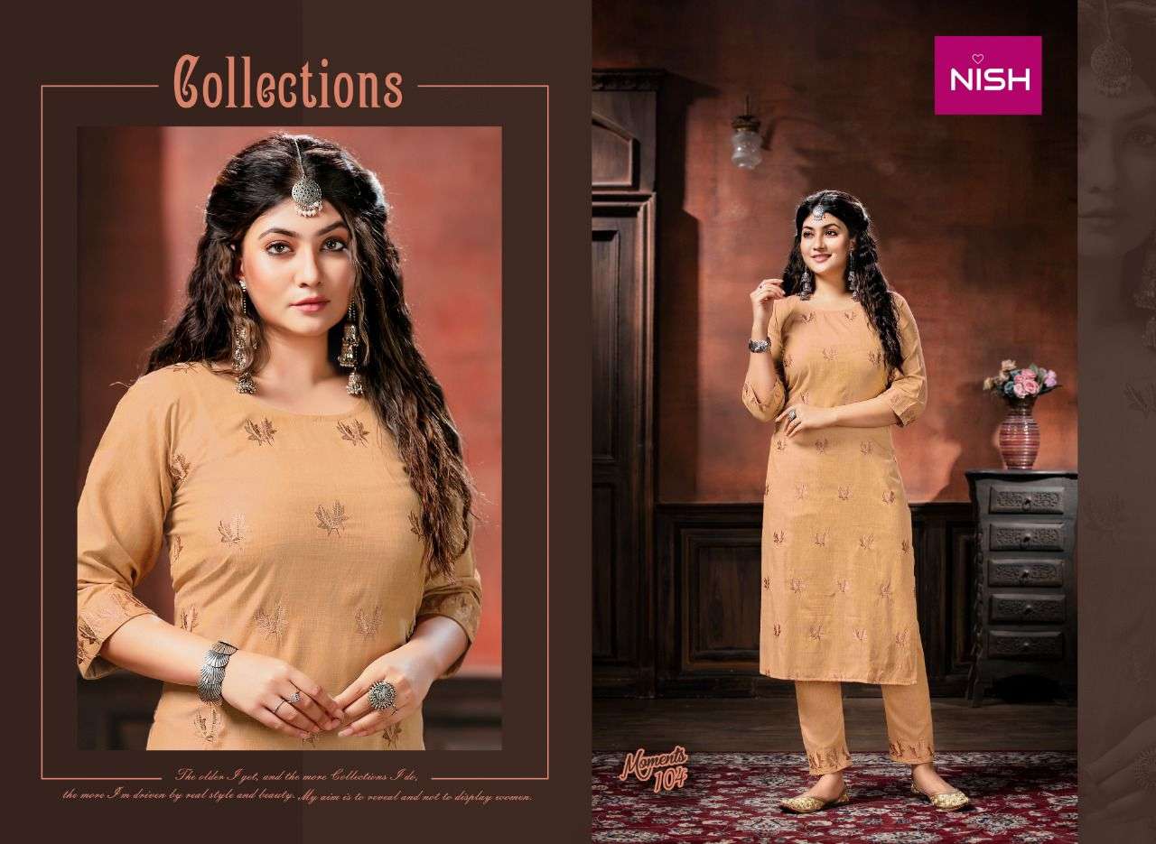 MOMENTS BY NISH 101 TO 104 SERIES DESIGNER STYLISH FANCY COLORFUL BEAUTIFUL PARTY WEAR & ETHNIC WEAR COLLECTION RAYON KURTIS WITH BOTTOM AT WHOLESALE PRICE